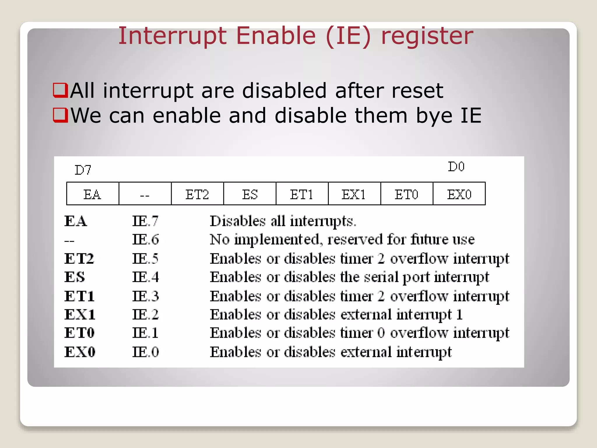 Interrupt Enable (IE) register
All interrupt are disabled after reset
We can enable and disable them bye IE
 