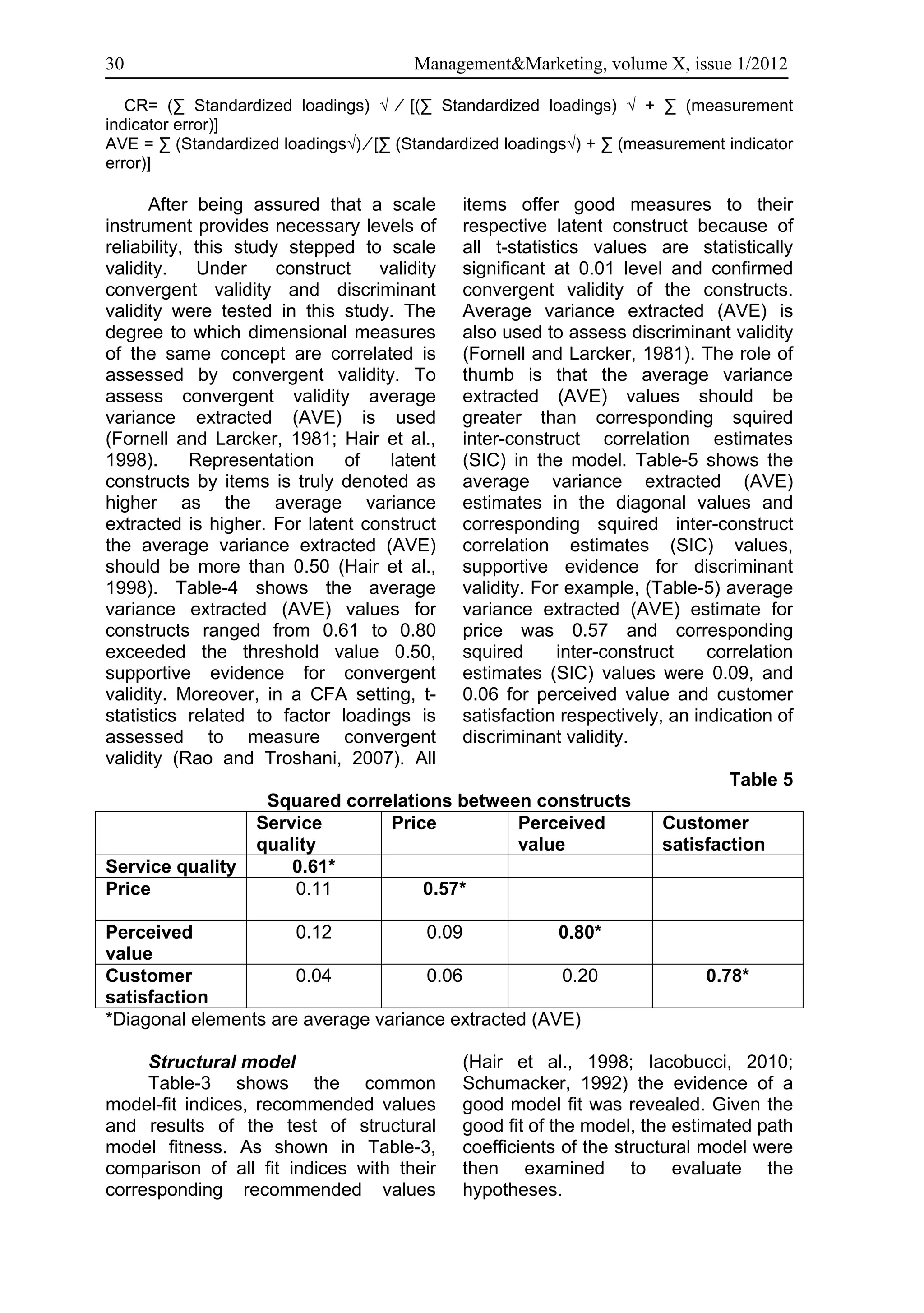 30                                     Management&Marketing, volume X, issue 1/2012

   CR= (∑ Standardized loadings) √ ⁄ [(∑ Standardized loadings) √ + ∑ (measurement
indicator error)]
AVE = ∑ (Standardized loadings√) ⁄ [∑ (Standardized loadings√) + ∑ (measurement indicator
error)]

      After being assured that a scale        items offer good measures to their
instrument provides necessary levels of       respective latent construct because of
reliability, this study stepped to scale      all t-statistics values are statistically
validity.     Under    construct  validity    significant at 0.01 level and confirmed
convergent validity and discriminant          convergent validity of the constructs.
validity were tested in this study. The       Average variance extracted (AVE) is
degree to which dimensional measures          also used to assess discriminant validity
of the same concept are correlated is         (Fornell and Larcker, 1981). The role of
assessed by convergent validity. To           thumb is that the average variance
assess convergent validity average            extracted (AVE) values should be
variance extracted (AVE) is used              greater than corresponding squired
(Fornell and Larcker, 1981; Hair et al.,      inter-construct correlation estimates
1998).       Representation    of  latent     (SIC) in the model. Table-5 shows the
constructs by items is truly denoted as       average variance extracted (AVE)
higher as the average variance                estimates in the diagonal values and
extracted is higher. For latent construct     corresponding squired inter-construct
the average variance extracted (AVE)          correlation estimates (SIC) values,
should be more than 0.50 (Hair et al.,        supportive evidence for discriminant
1998). Table-4 shows the average              validity. For example, (Table-5) average
variance extracted (AVE) values for           variance extracted (AVE) estimate for
constructs ranged from 0.61 to 0.80           price was 0.57 and corresponding
exceeded the threshold value 0.50,            squired      inter-construct    correlation
supportive evidence for convergent            estimates (SIC) values were 0.09, and
validity. Moreover, in a CFA setting, t-      0.06 for perceived value and customer
statistics related to factor loadings is      satisfaction respectively, an indication of
assessed to measure convergent                discriminant validity.
validity (Rao and Troshani, 2007). All
                                                                                Table 5
                    Squared correlations between constructs
                   Service       Price         Perceived                Customer
                   quality                     value                    satisfaction
Service quality        0.61*
Price                  0.11          0.57*

Perceived             0.12           0.09            0.80*
value
Customer              0.04           0.06            0.20                    0.78*
satisfaction
*Diagonal elements are average variance extracted (AVE)

     Structural model                         (Hair et al., 1998; Iacobucci, 2010;
     Table-3 shows the common                 Schumacker, 1992) the evidence of a
model-fit indices, recommended values         good model fit was revealed. Given the
and results of the test of structural         good fit of the model, the estimated path
model fitness. As shown in Table-3,           coefficients of the structural model were
comparison of all fit indices with their      then examined to evaluate the
corresponding recommended values              hypotheses.
 