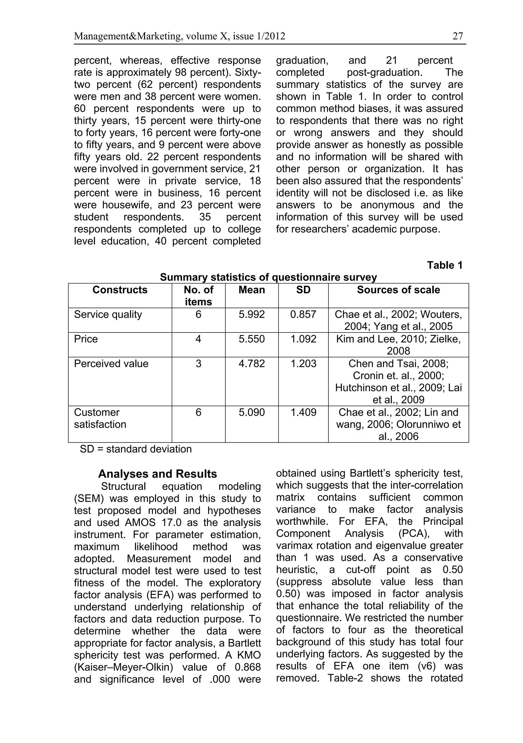 Management&Marketing, volume X, issue 1/2012                                          27

percent, whereas, effective response          graduation,      and     21     percent
rate is approximately 98 percent). Sixty-     completed        post-graduation.     The
two percent (62 percent) respondents          summary statistics of the survey are
were men and 38 percent were women.           shown in Table 1. In order to control
60 percent respondents were up to             common method biases, it was assured
thirty years, 15 percent were thirty-one      to respondents that there was no right
to forty years, 16 percent were forty-one     or wrong answers and they should
to fifty years, and 9 percent were above      provide answer as honestly as possible
fifty years old. 22 percent respondents       and no information will be shared with
were involved in government service, 21       other person or organization. It has
percent were in private service, 18           been also assured that the respondents’
percent were in business, 16 percent          identity will not be disclosed i.e. as like
were housewife, and 23 percent were           answers to be anonymous and the
student respondents. 35 percent               information of this survey will be used
respondents completed up to college           for researchers’ academic purpose.
level education, 40 percent completed

                                                                         Table 1
                 Summary statistics of questionnaire survey
    Constructs         No. of  Mean        SD           Sources of scale
                       items
Service quality           6    5.992      0.857    Chae et al., 2002; Wouters,
                                                     2004; Yang et al., 2005
Price                     4    5.550      1.092    Kim and Lee, 2010; Zielke,
                                                               2008
Perceived value           3    4.782      1.203       Chen and Tsai, 2008;
                                                       Cronin et. al., 2000;
                                                   Hutchinson et al., 2009; Lai
                                                           et al., 2009
Customer                  6    5.090      1.409     Chae et al., 2002; Lin and
satisfaction                                       wang, 2006; Olorunniwo et
                                                            al., 2006
 SD = standard deviation

     Analyses and Results                     obtained using Bartlett’s sphericity test,
      Structural    equation     modeling     which suggests that the inter-correlation
(SEM) was employed in this study to           matrix contains sufficient common
test proposed model and hypotheses            variance to make factor analysis
and used AMOS 17.0 as the analysis            worthwhile. For EFA, the Principal
instrument. For parameter estimation,         Component Analysis (PCA), with
maximum likelihood method was                 varimax rotation and eigenvalue greater
adopted. Measurement model and                than 1 was used. As a conservative
structural model test were used to test       heuristic, a cut-off point as 0.50
fitness of the model. The exploratory         (suppress absolute value less than
factor analysis (EFA) was performed to        0.50) was imposed in factor analysis
understand underlying relationship of         that enhance the total reliability of the
factors and data reduction purpose. To        questionnaire. We restricted the number
determine whether the data were               of factors to four as the theoretical
appropriate for factor analysis, a Bartlett   background of this study has total four
sphericity test was performed. A KMO          underlying factors. As suggested by the
(Kaiser–Meyer-Olkin) value of 0.868           results of EFA one item (v6) was
and significance level of .000 were           removed. Table-2 shows the rotated
 