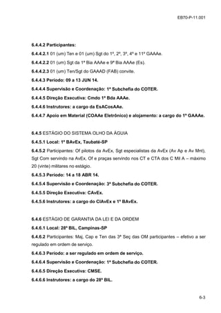 6-3
EB70-P-11.001
6.4.4.2 Participantes:
6.4.4.2.1 01 (um) Ten e 01 (um) Sgt do 1º, 2º, 3º, 4º e 11º GAAAe.
6.4.4.2.2 01 (um) Sgt da 1ª Bia AAAe e 9ª Bia AAAe (Es).
6.4.4.2.3 01 (um) Ten/Sgt do GAAAD (FAB) convite.
6.4.4.3 Período: 09 a 13 JUN 14.
6.4.4.4 Supervisão e Coordenação: 1ª Subchefia do COTER.
6.4.4.5 Direção Executiva: Cmdo 1ª Bda AAAe.
6.4.4.6 Instrutores: a cargo da EsACosAAe.
6.4.4.7 Apoio em Material (COAAe Eletrônico) e alojamento: a cargo do 1º GAAAe.
6.4.5 ESTÁGIO DO SISTEMA OLHO DA ÁGUIA
6.4.5.1 Local: 1º BAvEx, Taubaté-SP
6.4.5.2 Participantes: Of pilotos da AvEx, Sgt especialistas da AvEx (Av Ap e Av Mnt),
Sgt Com servindo na AvEx, Of e praças servindo nos CT e CTA dos C Mil A – máximo
20 (vinte) militares no estágio.
6.4.5.3 Período: 14 a 18 ABR 14.
6.4.5.4 Supervisão e Coordenação: 3ª Subchefia do COTER.
6.4.5.5 Direção Executiva: CAvEx.
6.4.5.6 Instrutores: a cargo do CIAvEx e 1º BAvEx.
6.4.6 ESTÁGIO DE GARANTIA DA LEI E DA ORDEM
6.4.6.1 Local: 28º BIL, Campinas-SP
6.4.6.2 Participantes: Maj, Cap e Ten das 3ª Seç das OM participantes – efetivo a ser
regulado em ordem de serviço.
6.4.6.3 Período: a ser regulado em ordem de serviço.
6.4.6.4 Supervisão e Coordenação: 1ª Subchefia do COTER.
6.4.6.5 Direção Executiva: CMSE.
6.4.6.6 Instrutores: a cargo do 28º BIL.
 