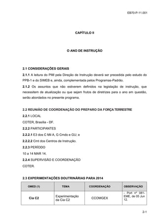 z
2-1
EB70-P-11.001
CAPÍTULO II
O ANO DE INSTRUÇÃO
2.1 CONSIDERAÇÕES GERAIS
2.1.1 A leitura do PIM pela Direção de Instrução deverá ser precedida pelo estudo do
PPB-1 e do SIMEB e, ainda, complementada pelos Programas-Padrão.
2.1.2 Os assuntos que não estiverem definidos na legislação de instrução, que
necessitem de atualização ou que sejam frutos de diretrizes para o ano em questão,
serão abordados no presente programa.
2.2 REUNIÃO DE COORDENAÇÃO DO PREPARO DA FORÇATERRESTRE
2.2.1 LOCAL
COTER, Brasília - DF.
2.2.2 PARTICIPANTES
2.2.2.1 E3 dos C Mil A, G Cmdo e GU; e
2.2.2.2 Cmt dos Centros de Instrução.
2.2.3 PERÍODO
10 a 14 MAR 14.
2.2.4 SUPERVISÃO E COORDENAÇÃO
COTER.
2.3 EXPERIMENTAÇÕES DOUTRINÁRIAS PARA 2014
OMED (1) TEMA COORDENAÇÃO OBSERVAÇÃO
Cia C2
Experimentação
da Cia C2
CCOMGEX
- Port nº 081-
EME, de 05 Jun
12.
 
