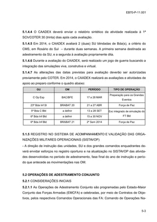 5-3
EB70-P-11.001
5.1.4.4 O CAADEX deverá enviar o relatório sintético da atividade realizada à 1ª
SCh/COTER 30 (trinta) dias após cada avaliação.
5.1.4.5 Em 2014, o CAADEX avaliará 2 (duas) SU blindadas de Bda(s), a critério do
CMS, em Rosário do Sul – durante duas semanas. A primeira semana destinada ao
adestramento da SU, e a segunda à avaliação propriamente dita.
5.1.4.6 Durante a avaliação do CAADEX, será realizado um jogo de guerra buscando a
integração das simulações viva, construtiva e virtual.
5.1.4.7 As alterações das datas previstas para avaliação deverão ser autorizadas
previamente pelo COTER. Em 2014, o CAADEX realizará as avaliações e atividades de
apoio ao preparo conforme o quadro abaixo:
GU OM PERÍODO TIPO DE OPERAÇÃO
C Op Esp BAC/BFE 17 a 28 MAR
Preparação para os Grandes
Eventos
23ª Bda Inf Sl BRABAT 20 21 a 27 ABR Força de Paz
5ª Bda C Bld a definir 13 a 28 SET Exc integrado de simulação do
FT Bld6ª Bda Inf Bld a definir 15 a 30 NOV
6ª Bda Inf Bld BRABAT 21 2º Sem 2014 Força de Paz
5.1.5 REGISTRO NO SISTEMA DE ACOMPANHAMENTO E VALIDAÇÃO DAS ORGA-
NIZAÇÕES MILITARES OPERACIONAIS (SISTAVOP)
- A direção de instrução das unidades, SU e dos grandes comandos enquadrantes de-
verá envidar esforços no registro oportuno e na atualização no SISTAVOP das ativida-
des desenvolvidas no período de adestramento, fase final do ano de instrução e perío-
do que antecede as movimentações nas OM.
5.2 OPERAÇÕES DE ADESTRAMENTO CONJUNTO
5.2.1 CONSIDERAÇÕES INICIAIS
5.2.1.1 As Operações de Adestramento Conjunto são programadas pelo Estado-Maior
Conjunto das Forças Armadas (EMCFA) e celebradas, por meio de Contratos de Obje-
tivos, pelos respectivos Comandos Operacionais das FA: Comando de Operações Na-
 