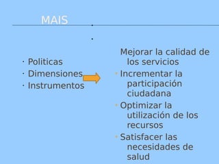 MAIS
 Politicas
 Dimensiones
 Instrumentos


 Mejorar la calidad de
los servicios
Incrementar la
participación
ciudadana
Optimizar la
utilización de los
recursos
Satisfacer las
necesidades de
salud
 