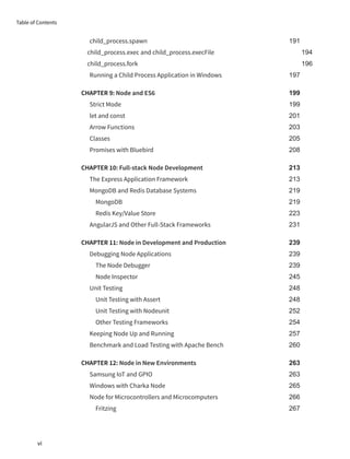 child_process.spawn 191
child_process.exec and child_process.execFile 194
child_process.fork 196
Running a Child Process Application in Windows 197
CHAPTER 9: Node and ES6 199
Strict Mode 199
let and const 201
Arrow Functions 203
Classes 205
Promises with Bluebird 208
CHAPTER 10: Full-stack Node Development 213
The Express Application Framework 213
MongoDB and Redis Database Systems 219
MongoDB 219
Redis Key/Value Store 223
AngularJS and Other Full-Stack Frameworks 231
CHAPTER 11: Node in Development and Production 239
Debugging Node Applications 239
The Node Debugger 239
Node Inspector 245
Unit Testing 248
Unit Testing with Assert 248
Unit Testing with Nodeunit 252
Other Testing Frameworks 254
Keeping Node Up and Running 257
Benchmark and Load Testing with Apache Bench 260
CHAPTER 12: Node in New Environments 263
Samsung IoT and GPIO 263
Windows with Charka Node 265
Node for Microcontrollers and Microcomputers 266
Fritzing 267
Table of Contents
vi
 