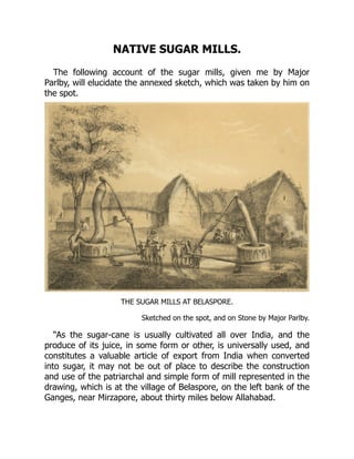NATIVE SUGAR MILLS.
The following account of the sugar mills, given me by Major
Parlby, will elucidate the annexed sketch, which was taken by him on
the spot.
THE SUGAR MILLS AT BELASPORE.
Sketched on the spot, and on Stone by Major Parlby.
“As the sugar-cane is usually cultivated all over India, and the
produce of its juice, in some form or other, is universally used, and
constitutes a valuable article of export from India when converted
into sugar, it may not be out of place to describe the construction
and use of the patriarchal and simple form of mill represented in the
drawing, which is at the village of Belaspore, on the left bank of the
Ganges, near Mirzapore, about thirty miles below Allahabad.
 