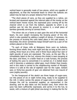 vertical beam is generally made of two pieces, which are capable of
adjustment, so that the horizontal beam to which the bullocks are
yoked may be kept at a proper distance from the ground.
“The short pieces of cane, as they are supplied by a native, are
bruised and squeezed against the internal sides of the mortar as the
vertical beam moves round, the expressed juice running off by the
channel which is cut from the bottom, opposite to which is an
earthen pan let into the ground to receive it, a small piece of
bamboo generally serving to connect them.
“The driver sits on a frame or seat upon the end of the horizontal
beam, his own weight increasing the bruising power of the mill,
which is also assisted by adding a weight of stones, if necessary. As
the process of bruising the cane takes place in the cold season, in
December, the driver sometimes keeps himself warm by a pan of hot
embers placed on the frame.
“To each of these mills at Belaspore there were six bullocks,
forming three reliefs: they work night and day as long as the cane is
cutting, three hours at a time; and in three hours about four seer or
eight pounds of juice are expressed. The juice, as the pan fills, is
immediately taken to the hut, whence the smoke is seen escaping at
the door; and there, in a boiler fixed on a rude furnace, the process
of boiling the juice to concentrate it is carried on; it is boiled down
until it becomes a substance called goor, much thicker than treacle;
and in this state is carried to the neighbouring market of Mirzapūr,
where it is sold at the rate of eighteen seer for the rupee. Sixteen
seer, or thirty-two pounds of goor are obtained from one maund of
cane (eighty pounds).
“In the foreground of the sketch are three heaps of sugar-cane,
cut into pieces of six or eight inches long, ready to be supplied to
the mill. A native carries the pieces of sugar-cane in a basket, and
charges the mill by occasional supplies, as represented in the
drawing; and he also takes out the bruised cane, from which the
juice has been sufficiently expressed, and carries it to the hut, to
assist, with a mixture of oplā (dried cow-dung) in making the fire for
 