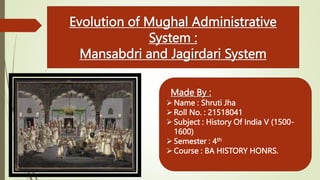 Evolution of Mughal Administrative
System :
Mansabdri and Jagirdari System
Made By :
Name : Shruti Jha
Roll No. : 21518041
Subject : History Of India V (1500-
1600)
Semester : 4th
Course : BA HISTORY HONRS.
 