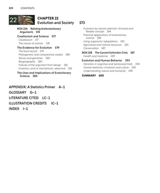 XIV CONTENTS
CHAPTER 22
Evolution and Society
BOX 22A Refuting Antievolutionary
Arguments 574
Creationism and Science 577
Creationism 577
The nature of science 578
The Evidence for Evolution 579
The fossil record 579
Phylogenetic and comparative studies 580
Genes and genomes 580
Biogeography 580
Failures of the argument from design 581
Evolution, and its mechanisms, observed 583
The Uses and Implications of Evolutionary
Science 584
APPENDIX: A Statistics Primer A-1
GLOSSARY G-1
LITERATURE CITED LC-1
ILLUSTRATION CREDITS IC-1
INDEX 1-1
573
Evolution by natural selection: A broad and
flexible concept 584
Practical applications of evolutionary
science 584
Using organisms' adaptations 585
Agriculture and natural resources 585
Conservation 587
BOX 22B The Current Extinction Crisis 587
Health and medicine 589
Evolution and Human Behavior 593
Variation in cognitive and behavioral traits 594
Human behavior: Evolution and culture 596
Understanding nature and humanity 598
SUMMARY 600
 
