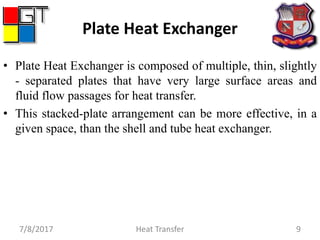 Plate Heat Exchanger
• Plate Heat Exchanger is composed of multiple, thin, slightly
- separated plates that have very large surface areas and
fluid flow passages for heat transfer.
• This stacked-plate arrangement can be more effective, in a
given space, than the shell and tube heat exchanger.
7/8/2017 Heat Transfer 9
 