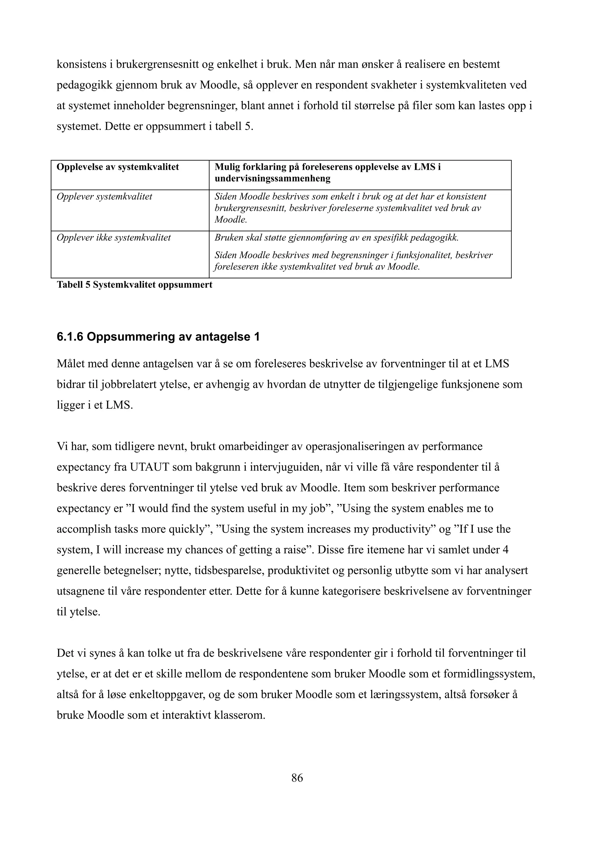 konsistens i brukergrensesnitt og enkelhet i bruk. Men når man ønsker å realisere en bestemt
pedagogikk gjennom bruk av Moodle, så opplever en respondent svakheter i systemkvaliteten ved
at systemet inneholder begrensninger, blant annet i forhold til størrelse på filer som kan lastes opp i
systemet. Dette er oppsummert i tabell 5.


Opplevelse av systemkvalitet         Mulig forklaring på foreleserens opplevelse av LMS i
                                     undervisningssammenheng
Opplever systemkvalitet              Siden Moodle beskrives som enkelt i bruk og at det har et konsistent
                                     brukergrensesnitt, beskriver foreleserne systemkvalitet ved bruk av
                                     Moodle.
Opplever ikke systemkvalitet         Bruken skal støtte gjennomføring av en spesifikk pedagogikk.
                                     Siden Moodle beskrives med begrensninger i funksjonalitet, beskriver
                                     foreleseren ikke systemkvalitet ved bruk av Moodle.
Tabell 5 Systemkvalitet oppsummert




6.1.6 Oppsummering av antagelse 1

Målet med denne antagelsen var å se om foreleseres beskrivelse av forventninger til at et LMS
bidrar til jobbrelatert ytelse, er avhengig av hvordan de utnytter de tilgjengelige funksjonene som
ligger i et LMS.


Vi har, som tidligere nevnt, brukt omarbeidinger av operasjonaliseringen av performance
expectancy fra UTAUT som bakgrunn i intervjuguiden, når vi ville få våre respondenter til å
beskrive deres forventninger til ytelse ved bruk av Moodle. Item som beskriver performance
expectancy er ”I would find the system useful in my job”, ”Using the system enables me to
accomplish tasks more quickly”, ”Using the system increases my productivity” og ”If I use the
system, I will increase my chances of getting a raise”. Disse fire itemene har vi samlet under 4
generelle betegnelser; nytte, tidsbesparelse, produktivitet og personlig utbytte som vi har analysert
utsagnene til våre respondenter etter. Dette for å kunne kategorisere beskrivelsene av forventninger
til ytelse.


Det vi synes å kan tolke ut fra de beskrivelsene våre respondenter gir i forhold til forventninger til
ytelse, er at det er et skille mellom de respondentene som bruker Moodle som et formidlingssystem,
altså for å løse enkeltoppgaver, og de som bruker Moodle som et læringssystem, altså forsøker å
bruke Moodle som et interaktivt klasserom.




                                                        86
 