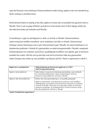 også skal benyttes som erstatning til klasseromsbasert undervisning, oppleves det som merarbeid og
derfor senking av produktiviteten.



Heidi derimot beskriver tydelig at hun ikke opplever å kunne øke sin produktivitet gjennom bruk av
Moodle. Hun er nok en gang reflektert og beskriver at hun kunne skrevet flere faglige artikler på
den tiden hun bruker på å plundre med Moodle.



En konklusjon vi gjør oss på bakgrunn av dette, er at bruk av Moodle i klasseromsbasert
undervisning kan medføre merarbeid, ved at studentene som ikke er tilstede i klasserommet
forlanger samme informasjon som er gitt i klasserommet også i Moodle. En annen konklusjon er at
datatekniske problemer i forhold til å gjennomføre en undervisningsmetodikk i Moodle, manglende
brukskompetanse hos studenter og foreleser og påfølgende konflikter som oppstår, gjør at forelesers
produktivitet senkes. Det blir rett og slett ikke nok tid til at foreleser både kan gjennomføre
undervisningen etter ønske og være produktiv og fokusere på FoU. Dette er oppsummert i tabell 3.



Opplevelse av produktivitet         Mulig forklaring på foreleserens opplevelse av LMS i
                                    undervisningssammenheng
Opplever økt produktivitet          Siden bruken er avgrenset til informasjonsformidling, samt at Moodle
                                    har velutviklet funksjonalitet i denne sammenhengen, beskriver
                                    foreleserne økt produktivitet ved bruk av Moodle.
Opplever ikke økt produktivitet     Bruken skal støtte gjennomføring av en spesifikk pedagogikk.
                                    Opplever datatekniske- og bruksrelaterte problemer samt konflikter i
                                    studentgrupper og irritasjon rettet mot foreleser på grunn av problemer
                                    ved bruk av Moodle. Dette fører til at tiden ikke strekker til at det kan
                                    produseres forsknings- og utviklingsarbeid. Foreleser beskriver derfor
                                    ikke økt produktivitet ved bruk av Moodle.
Tabell 3 Produktivitet oppsummert




                                                       75
 