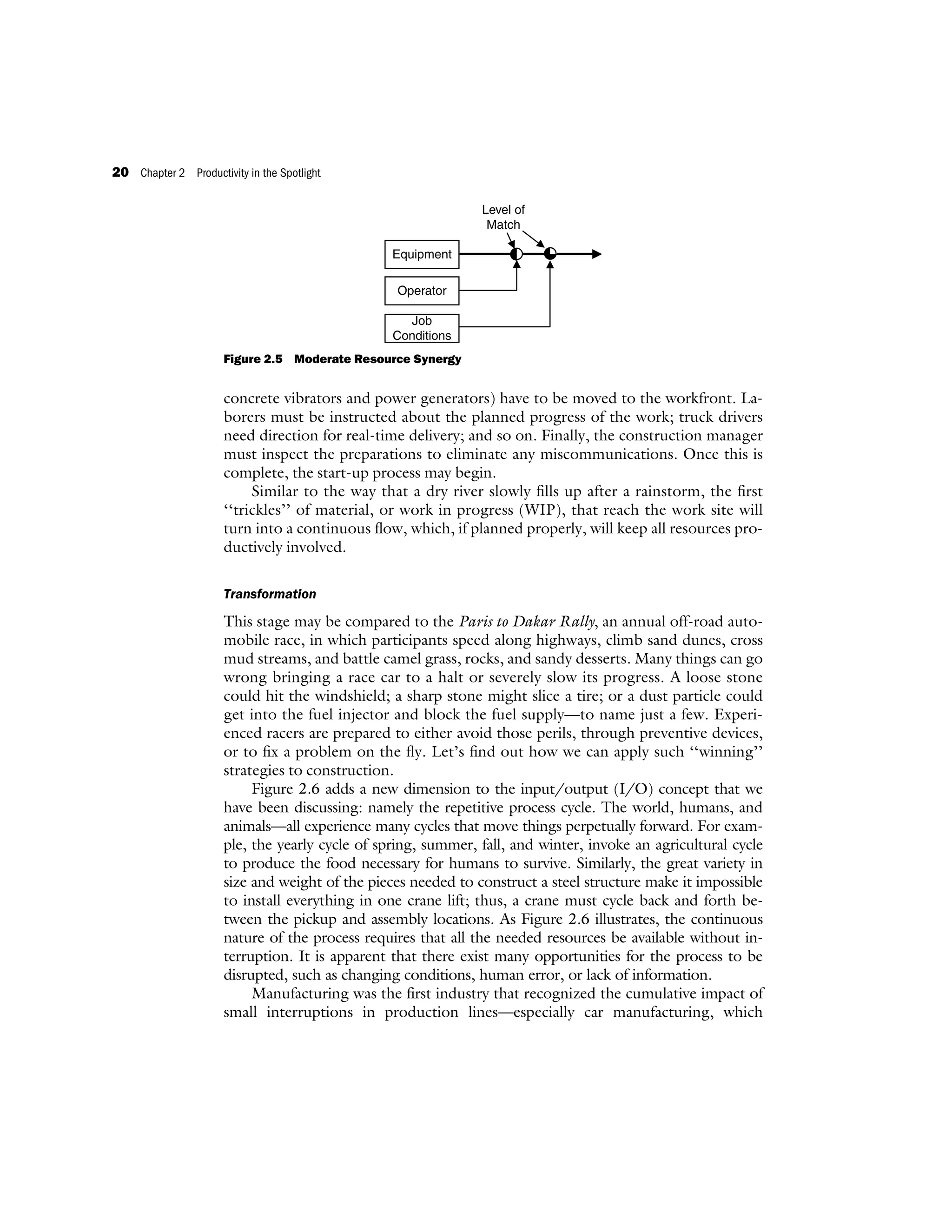 concrete vibrators and power generators) have to be moved to the workfront. La-
borers must be instructed about the planned progress of the work; truck drivers
need direction for real-time delivery; and so on. Finally, the construction manager
must inspect the preparations to eliminate any miscommunications. Once this is
complete, the start-up process may begin.
Similar to the way that a dry river slowly fills up after a rainstorm, the first
‘‘trickles’’ of material, or work in progress (WIP), that reach the work site will
turn into a continuous flow, which, if planned properly, will keep all resources pro-
ductively involved.
Transformation
This stage may be compared to the Paris to Dakar Rally, an annual off-road auto-
mobile race, in which participants speed along highways, climb sand dunes, cross
mud streams, and battle camel grass, rocks, and sandy desserts. Many things can go
wrong bringing a race car to a halt or severely slow its progress. A loose stone
could hit the windshield; a sharp stone might slice a tire; or a dust particle could
get into the fuel injector and block the fuel supply—to name just a few. Experi-
enced racers are prepared to either avoid those perils, through preventive devices,
or to fix a problem on the fly. Let’s find out how we can apply such ‘‘winning’’
strategies to construction.
Figure 2.6 adds a new dimension to the input/output (I/O) concept that we
have been discussing: namely the repetitive process cycle. The world, humans, and
animals—all experience many cycles that move things perpetually forward. For exam-
ple, the yearly cycle of spring, summer, fall, and winter, invoke an agricultural cycle
to produce the food necessary for humans to survive. Similarly, the great variety in
size and weight of the pieces needed to construct a steel structure make it impossible
to install everything in one crane lift; thus, a crane must cycle back and forth be-
tween the pickup and assembly locations. As Figure 2.6 illustrates, the continuous
nature of the process requires that all the needed resources be available without in-
terruption. It is apparent that there exist many opportunities for the process to be
disrupted, such as changing conditions, human error, or lack of information.
Manufacturing was the first industry that recognized the cumulative impact of
small interruptions in production lines—especially car manufacturing, which
Equipment
Operator
Job
Conditions
Level of
Match
Figure 2.5 Moderate Resource Synergy
20 Chapter 2 Productivity in the Spotlight
 