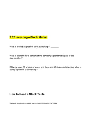 2.02 Investing—Stock Market


What is issued as proof of stock ownership?



What is the term for a percent of the company's profit that is paid to the
shareholders?



If Sandy owns 10 shares of stock, and there are 50 shares outstanding, what is
Sandy's percent of ownership?




How to Read a Stock Table


Write an explanation under each column in the Stock Table.
 