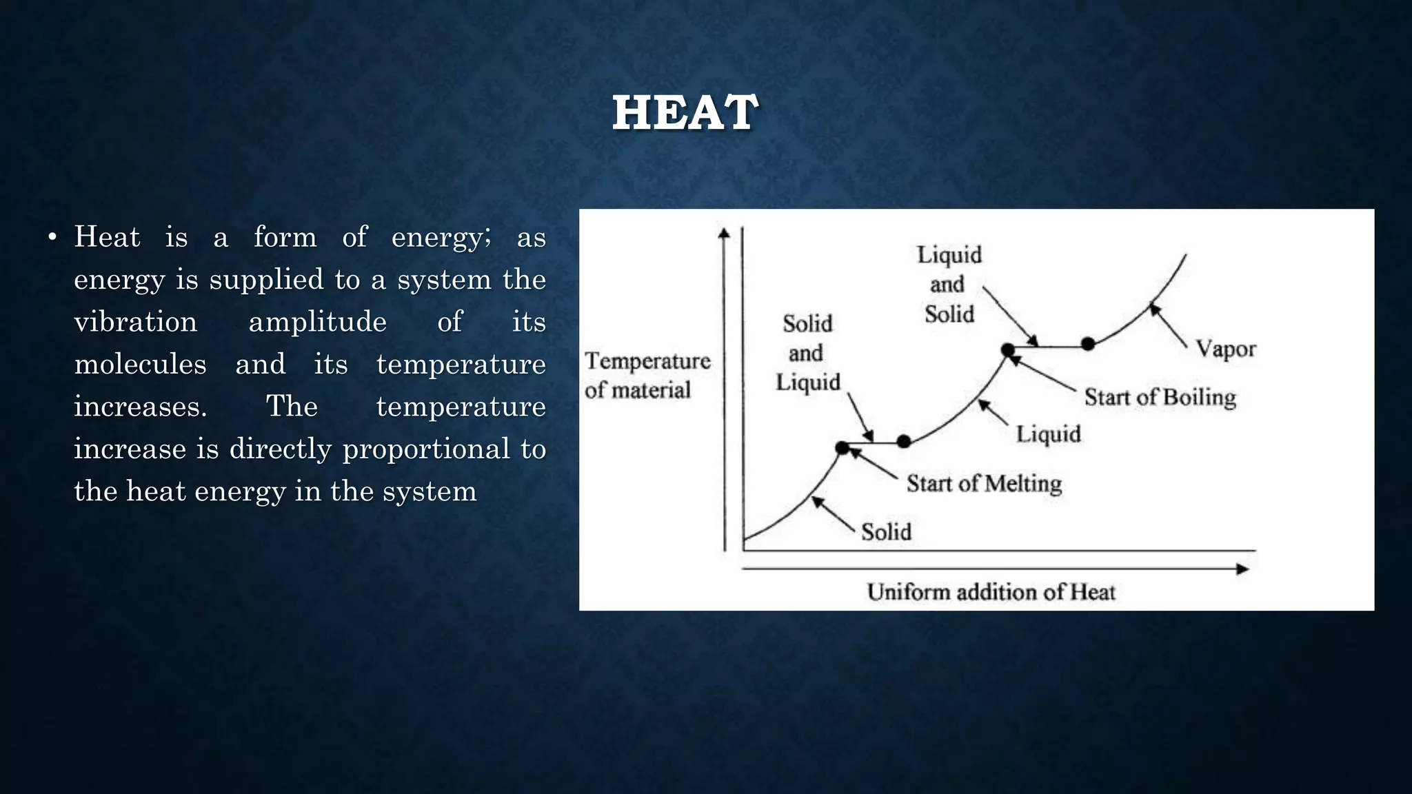HEAT
• Heat is a form of energy; as
energy is supplied to a system the
vibration amplitude of its
molecules and its temperature
increases. The temperature
increase is directly proportional to
the heat energy in the system
 