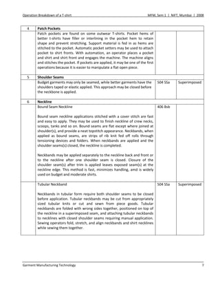 Operation Breakdown of a T-shirt MFM, Sem 1 | NIFT, Mumbai | 2008
Garment Manufacturing Technology 7
4 Patch Pockets
Patch pockets are found on some outwear T-shirts. Pocket hems of
better t-shirts have filler or interlining in the pocket hem to retain
shape and prevent stretching. Support material is fed in as hems are
stitched to the pocket. Automatic pocket setters may be used to attach
pocket to shirt fronts. With automation, an operator places a pocket
and shirt and shirt front and engages the machine. The machine aligns
and stitches the pocket. If pockets are applied, it may be one of the first
operations because it is easier to manipulate a flat open piece.
5 Shoulder Seams
Budget garments may only be seamed, while better garments have the
shoulders taped or elastic applied. This approach may be closed before
the neckbone is applied.
504 SSa Superimposed
6 Neckline
Bound Seam Neckline
Bound seam neckline applications stitched with a cover stitch are fast
and easy to apply. They may be used to finish neckline of crew necks,
scoops, tanks and so on. Bound seams are flat except where joined at
shoulder(s), and provide a neat topstitch appearance. Neckbands, when
applied as bound seams, are strips of rib knit fed off rolls through
tensioning devices and folders. When neckbands are applied and the
shoulder seams(s) closed, the neckline is completed.
Neckbands may be applied separately to the neckline back and front or
to the neckline after one shoulder seam is closed. Closure of the
shoulder seam(s) after trim is applied leaves exposed seam(s) at the
neckline edge. This method is fast, minimizes handling, amd is widely
used on budget and moderate shirts.
406 Bsb
Tubular Neckband
Neckbands in tubular form require both shoulder seams to be closed
before application. Tubular neckbands may be cut from appropriately
sized tubular knits or cut and sewn from piece goods. Tubular
neckbands are folded with wrong sides together, positioned on top of
the neckline in a superimposed seam, and attaching tubular neckbands
to necklines with closed shoulder seams requiring manual application.
Sewing operators fold, stretch, and align neckbands and shirt necklines
while sewing them together.
504 SSa Superimposed
 