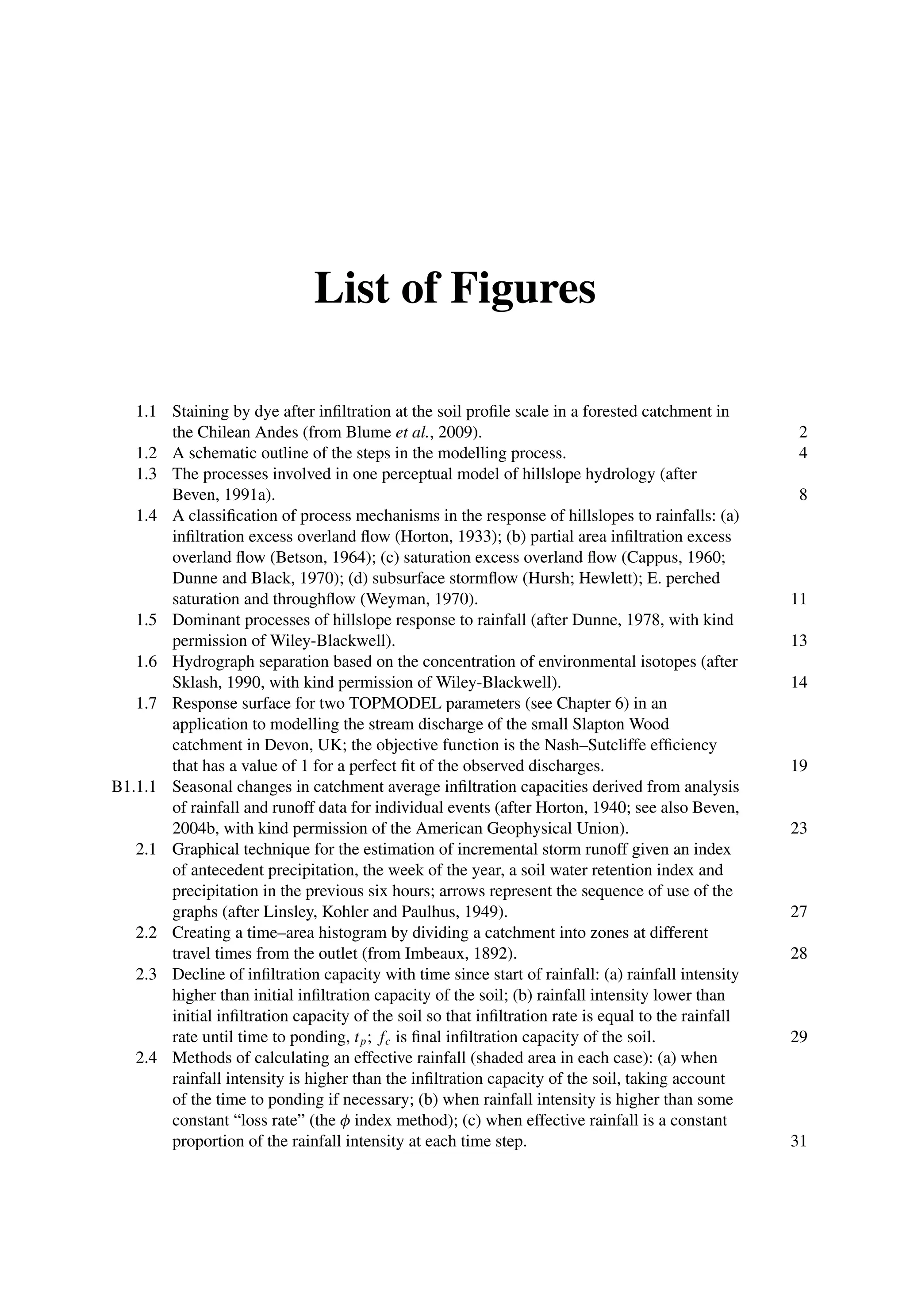List of Figures
1.1 Staining by dye after inﬁltration at the soil proﬁle scale in a forested catchment in
the Chilean Andes (from Blume et al., 2009). 2
1.2 A schematic outline of the steps in the modelling process. 4
1.3 The processes involved in one perceptual model of hillslope hydrology (after
Beven, 1991a). 8
1.4 A classiﬁcation of process mechanisms in the response of hillslopes to rainfalls: (a)
inﬁltration excess overland ﬂow (Horton, 1933); (b) partial area inﬁltration excess
overland ﬂow (Betson, 1964); (c) saturation excess overland ﬂow (Cappus, 1960;
Dunne and Black, 1970); (d) subsurface stormﬂow (Hursh; Hewlett); E. perched
saturation and throughﬂow (Weyman, 1970). 11
1.5 Dominant processes of hillslope response to rainfall (after Dunne, 1978, with kind
permission of Wiley-Blackwell). 13
1.6 Hydrograph separation based on the concentration of environmental isotopes (after
Sklash, 1990, with kind permission of Wiley-Blackwell). 14
1.7 Response surface for two TOPMODEL parameters (see Chapter 6) in an
application to modelling the stream discharge of the small Slapton Wood
catchment in Devon, UK; the objective function is the Nash–Sutcliffe efﬁciency
that has a value of 1 for a perfect ﬁt of the observed discharges. 19
B1.1.1 Seasonal changes in catchment average inﬁltration capacities derived from analysis
of rainfall and runoff data for individual events (after Horton, 1940; see also Beven,
2004b, with kind permission of the American Geophysical Union). 23
2.1 Graphical technique for the estimation of incremental storm runoff given an index
of antecedent precipitation, the week of the year, a soil water retention index and
precipitation in the previous six hours; arrows represent the sequence of use of the
graphs (after Linsley, Kohler and Paulhus, 1949). 27
2.2 Creating a time–area histogram by dividing a catchment into zones at different
travel times from the outlet (from Imbeaux, 1892). 28
2.3 Decline of inﬁltration capacity with time since start of rainfall: (a) rainfall intensity
higher than initial inﬁltration capacity of the soil; (b) rainfall intensity lower than
initial inﬁltration capacity of the soil so that inﬁltration rate is equal to the rainfall
rate until time to ponding, tp; fc is ﬁnal inﬁltration capacity of the soil. 29
2.4 Methods of calculating an effective rainfall (shaded area in each case): (a) when
rainfall intensity is higher than the inﬁltration capacity of the soil, taking account
of the time to ponding if necessary; (b) when rainfall intensity is higher than some
constant “loss rate” (the φ index method); (c) when effective rainfall is a constant
proportion of the rainfall intensity at each time step. 31
 