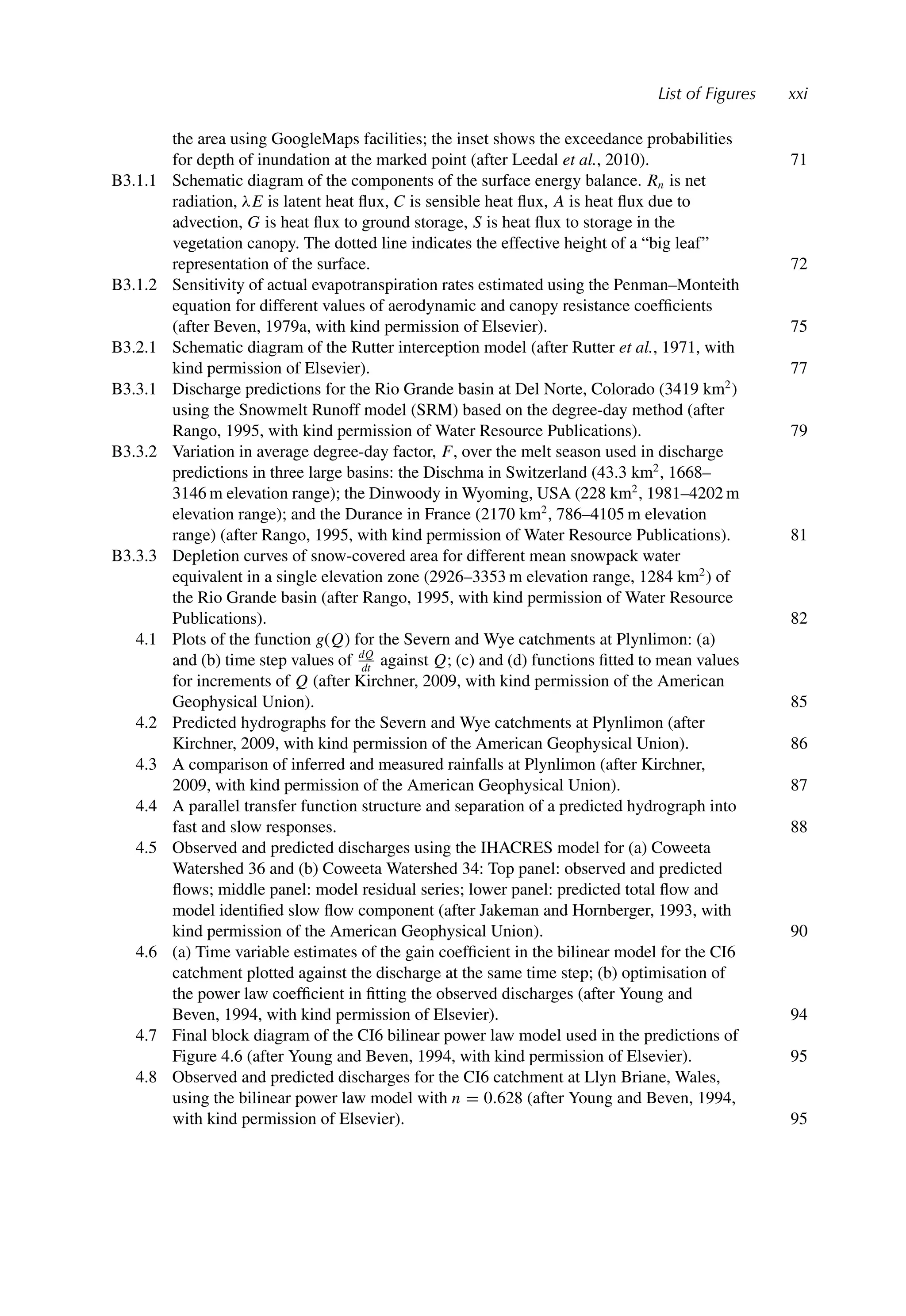 List of Figures xxi
the area using GoogleMaps facilities; the inset shows the exceedance probabilities
for depth of inundation at the marked point (after Leedal et al., 2010). 71
B3.1.1 Schematic diagram of the components of the surface energy balance. Rn is net
radiation, λE is latent heat ﬂux, C is sensible heat ﬂux, A is heat ﬂux due to
advection, G is heat ﬂux to ground storage, S is heat ﬂux to storage in the
vegetation canopy. The dotted line indicates the effective height of a “big leaf”
representation of the surface. 72
B3.1.2 Sensitivity of actual evapotranspiration rates estimated using the Penman–Monteith
equation for different values of aerodynamic and canopy resistance coefﬁcients
(after Beven, 1979a, with kind permission of Elsevier). 75
B3.2.1 Schematic diagram of the Rutter interception model (after Rutter et al., 1971, with
kind permission of Elsevier). 77
B3.3.1 Discharge predictions for the Rio Grande basin at Del Norte, Colorado (3419 km2
)
using the Snowmelt Runoff model (SRM) based on the degree-day method (after
Rango, 1995, with kind permission of Water Resource Publications). 79
B3.3.2 Variation in average degree-day factor, F, over the melt season used in discharge
predictions in three large basins: the Dischma in Switzerland (43.3 km2
, 1668–
3146 m elevation range); the Dinwoody in Wyoming, USA (228 km2
, 1981–4202 m
elevation range); and the Durance in France (2170 km2
, 786–4105 m elevation
range) (after Rango, 1995, with kind permission of Water Resource Publications). 81
B3.3.3 Depletion curves of snow-covered area for different mean snowpack water
equivalent in a single elevation zone (2926–3353 m elevation range, 1284 km2
) of
the Rio Grande basin (after Rango, 1995, with kind permission of Water Resource
Publications). 82
4.1 Plots of the function g(Q) for the Severn and Wye catchments at Plynlimon: (a)
and (b) time step values of dQ
dt
against Q; (c) and (d) functions ﬁtted to mean values
for increments of Q (after Kirchner, 2009, with kind permission of the American
Geophysical Union). 85
4.2 Predicted hydrographs for the Severn and Wye catchments at Plynlimon (after
Kirchner, 2009, with kind permission of the American Geophysical Union). 86
4.3 A comparison of inferred and measured rainfalls at Plynlimon (after Kirchner,
2009, with kind permission of the American Geophysical Union). 87
4.4 A parallel transfer function structure and separation of a predicted hydrograph into
fast and slow responses. 88
4.5 Observed and predicted discharges using the IHACRES model for (a) Coweeta
Watershed 36 and (b) Coweeta Watershed 34: Top panel: observed and predicted
ﬂows; middle panel: model residual series; lower panel: predicted total ﬂow and
model identiﬁed slow ﬂow component (after Jakeman and Hornberger, 1993, with
kind permission of the American Geophysical Union). 90
4.6 (a) Time variable estimates of the gain coefﬁcient in the bilinear model for the CI6
catchment plotted against the discharge at the same time step; (b) optimisation of
the power law coefﬁcient in ﬁtting the observed discharges (after Young and
Beven, 1994, with kind permission of Elsevier). 94
4.7 Final block diagram of the CI6 bilinear power law model used in the predictions of
Figure 4.6 (after Young and Beven, 1994, with kind permission of Elsevier). 95
4.8 Observed and predicted discharges for the CI6 catchment at Llyn Briane, Wales,
using the bilinear power law model with n = 0.628 (after Young and Beven, 1994,
with kind permission of Elsevier). 95
 