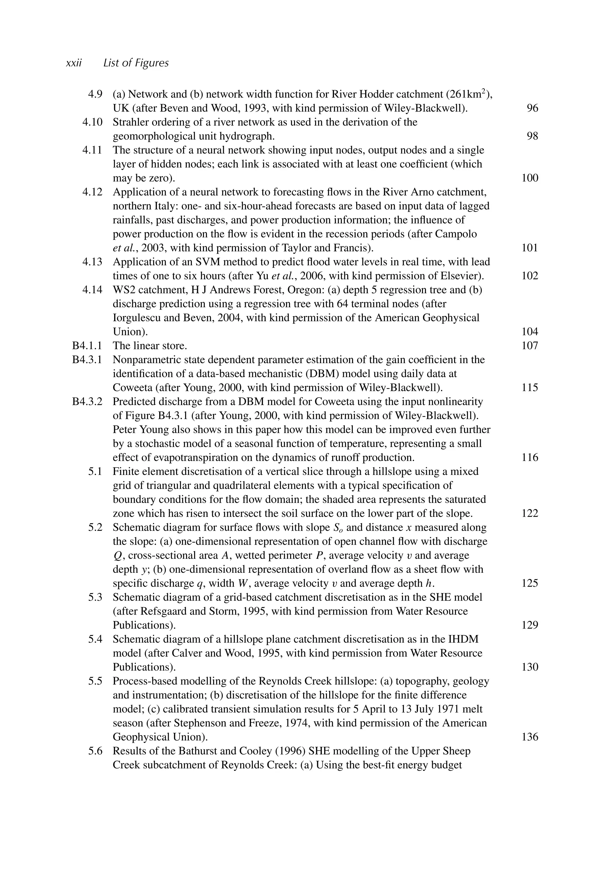 xxii List of Figures
4.9 (a) Network and (b) network width function for River Hodder catchment (261km2
),
UK (after Beven and Wood, 1993, with kind permission of Wiley-Blackwell). 96
4.10 Strahler ordering of a river network as used in the derivation of the
geomorphological unit hydrograph. 98
4.11 The structure of a neural network showing input nodes, output nodes and a single
layer of hidden nodes; each link is associated with at least one coefﬁcient (which
may be zero). 100
4.12 Application of a neural network to forecasting ﬂows in the River Arno catchment,
northern Italy: one- and six-hour-ahead forecasts are based on input data of lagged
rainfalls, past discharges, and power production information; the inﬂuence of
power production on the ﬂow is evident in the recession periods (after Campolo
et al., 2003, with kind permission of Taylor and Francis). 101
4.13 Application of an SVM method to predict ﬂood water levels in real time, with lead
times of one to six hours (after Yu et al., 2006, with kind permission of Elsevier). 102
4.14 WS2 catchment, H J Andrews Forest, Oregon: (a) depth 5 regression tree and (b)
discharge prediction using a regression tree with 64 terminal nodes (after
Iorgulescu and Beven, 2004, with kind permission of the American Geophysical
Union). 104
B4.1.1 The linear store. 107
B4.3.1 Nonparametric state dependent parameter estimation of the gain coefﬁcient in the
identiﬁcation of a data-based mechanistic (DBM) model using daily data at
Coweeta (after Young, 2000, with kind permission of Wiley-Blackwell). 115
B4.3.2 Predicted discharge from a DBM model for Coweeta using the input nonlinearity
of Figure B4.3.1 (after Young, 2000, with kind permission of Wiley-Blackwell).
Peter Young also shows in this paper how this model can be improved even further
by a stochastic model of a seasonal function of temperature, representing a small
effect of evapotranspiration on the dynamics of runoff production. 116
5.1 Finite element discretisation of a vertical slice through a hillslope using a mixed
grid of triangular and quadrilateral elements with a typical speciﬁcation of
boundary conditions for the ﬂow domain; the shaded area represents the saturated
zone which has risen to intersect the soil surface on the lower part of the slope. 122
5.2 Schematic diagram for surface ﬂows with slope So and distance x measured along
the slope: (a) one-dimensional representation of open channel ﬂow with discharge
Q, cross-sectional area A, wetted perimeter P, average velocity v and average
depth y; (b) one-dimensional representation of overland ﬂow as a sheet ﬂow with
speciﬁc discharge q, width W, average velocity v and average depth h. 125
5.3 Schematic diagram of a grid-based catchment discretisation as in the SHE model
(after Refsgaard and Storm, 1995, with kind permission from Water Resource
Publications). 129
5.4 Schematic diagram of a hillslope plane catchment discretisation as in the IHDM
model (after Calver and Wood, 1995, with kind permission from Water Resource
Publications). 130
5.5 Process-based modelling of the Reynolds Creek hillslope: (a) topography, geology
and instrumentation; (b) discretisation of the hillslope for the ﬁnite difference
model; (c) calibrated transient simulation results for 5 April to 13 July 1971 melt
season (after Stephenson and Freeze, 1974, with kind permission of the American
Geophysical Union). 136
5.6 Results of the Bathurst and Cooley (1996) SHE modelling of the Upper Sheep
Creek subcatchment of Reynolds Creek: (a) Using the best-ﬁt energy budget
 