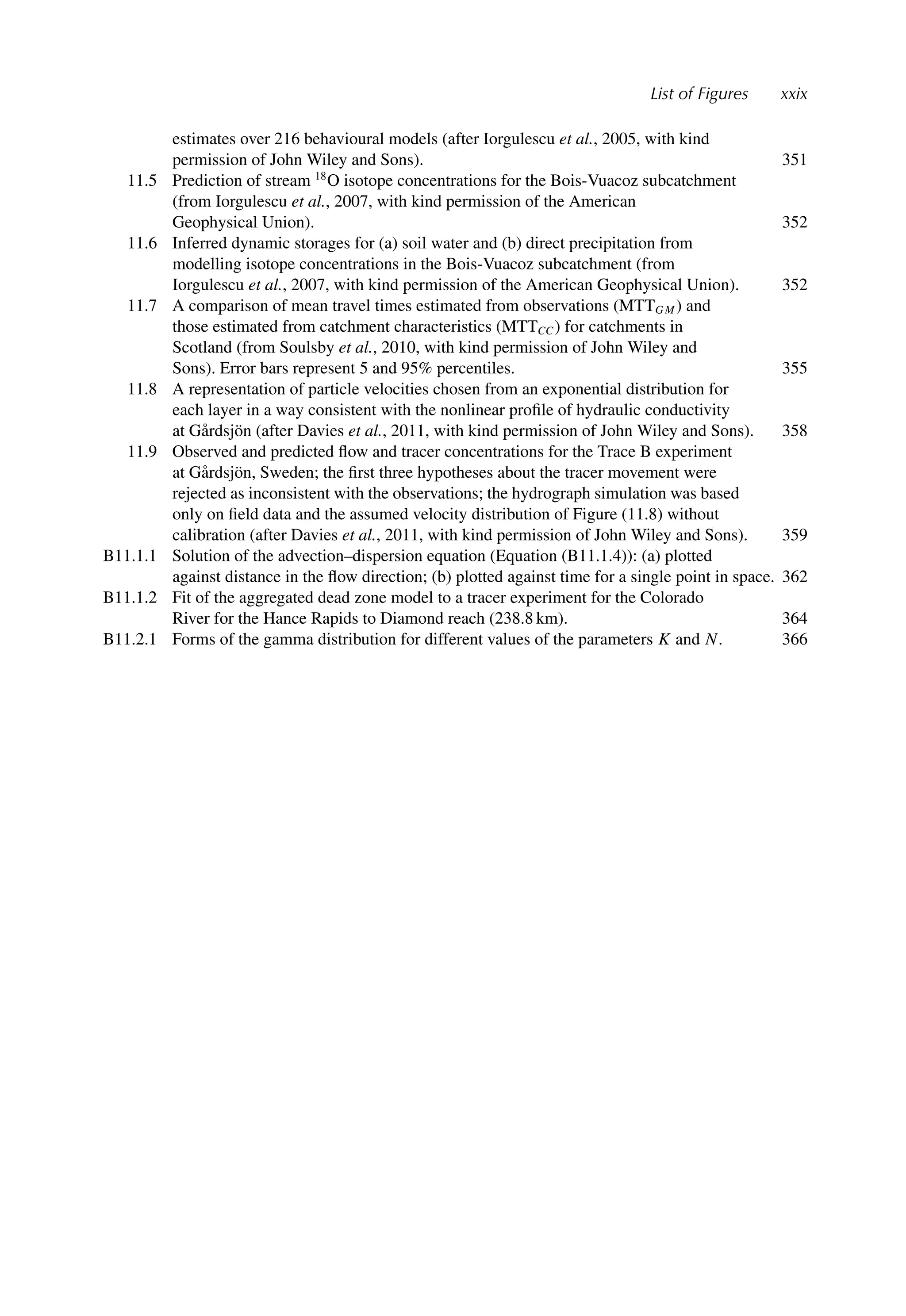 List of Figures xxix
estimates over 216 behavioural models (after Iorgulescu et al., 2005, with kind
permission of John Wiley and Sons). 351
11.5 Prediction of stream 18
O isotope concentrations for the Bois-Vuacoz subcatchment
(from Iorgulescu et al., 2007, with kind permission of the American
Geophysical Union). 352
11.6 Inferred dynamic storages for (a) soil water and (b) direct precipitation from
modelling isotope concentrations in the Bois-Vuacoz subcatchment (from
Iorgulescu et al., 2007, with kind permission of the American Geophysical Union). 352
11.7 A comparison of mean travel times estimated from observations (MTTGM) and
those estimated from catchment characteristics (MTTCC) for catchments in
Scotland (from Soulsby et al., 2010, with kind permission of John Wiley and
Sons). Error bars represent 5 and 95% percentiles. 355
11.8 A representation of particle velocities chosen from an exponential distribution for
each layer in a way consistent with the nonlinear proﬁle of hydraulic conductivity
at Gårdsjön (after Davies et al., 2011, with kind permission of John Wiley and Sons). 358
11.9 Observed and predicted ﬂow and tracer concentrations for the Trace B experiment
at Gårdsjön, Sweden; the ﬁrst three hypotheses about the tracer movement were
rejected as inconsistent with the observations; the hydrograph simulation was based
only on ﬁeld data and the assumed velocity distribution of Figure (11.8) without
calibration (after Davies et al., 2011, with kind permission of John Wiley and Sons). 359
B11.1.1 Solution of the advection–dispersion equation (Equation (B11.1.4)): (a) plotted
against distance in the ﬂow direction; (b) plotted against time for a single point in space. 362
B11.1.2 Fit of the aggregated dead zone model to a tracer experiment for the Colorado
River for the Hance Rapids to Diamond reach (238.8 km). 364
B11.2.1 Forms of the gamma distribution for different values of the parameters K and N. 366
 