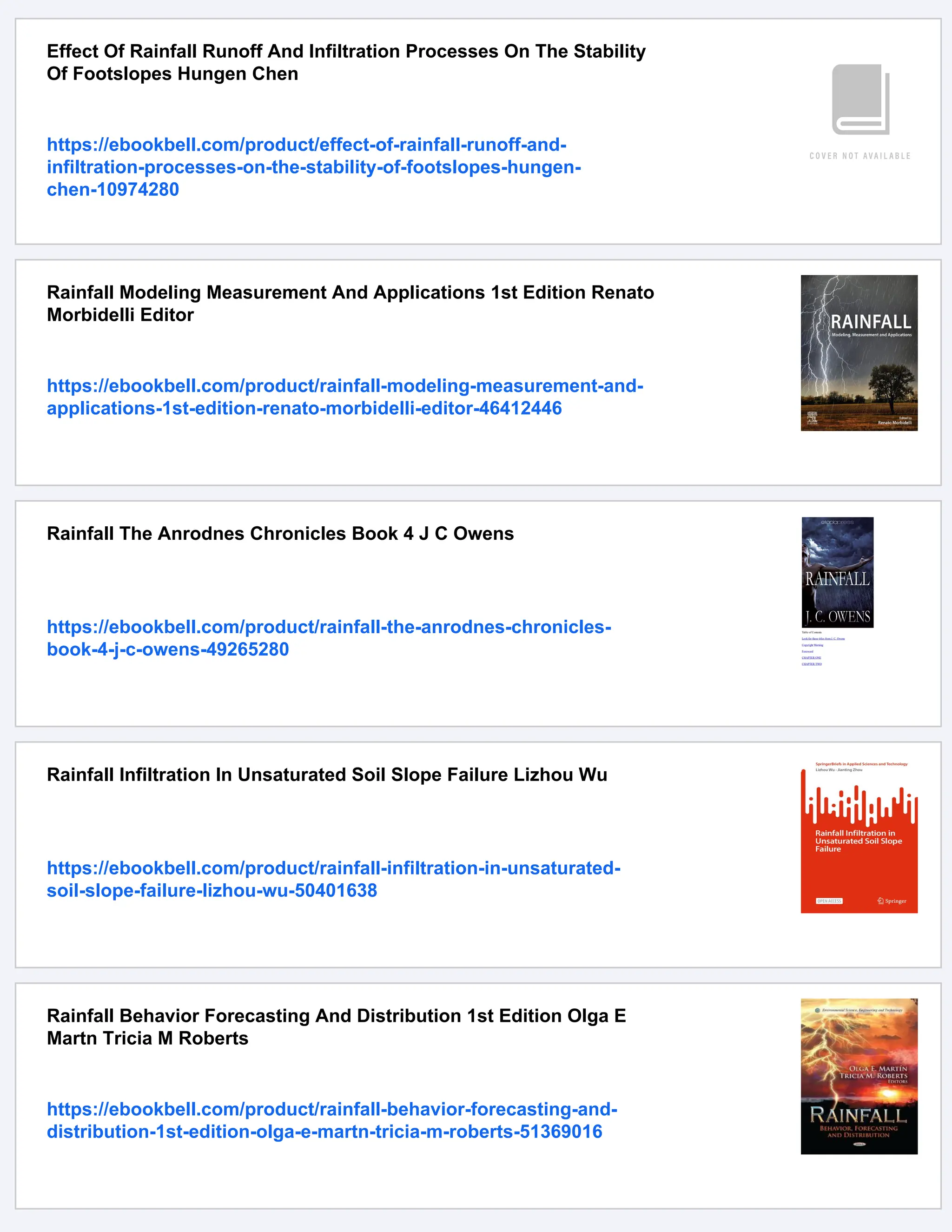 Effect Of Rainfall Runoff And Infiltration Processes On The Stability
Of Footslopes Hungen Chen
https://ebookbell.com/product/effect-of-rainfall-runoff-and-
infiltration-processes-on-the-stability-of-footslopes-hungen-
chen-10974280
Rainfall Modeling Measurement And Applications 1st Edition Renato
Morbidelli Editor
https://ebookbell.com/product/rainfall-modeling-measurement-and-
applications-1st-edition-renato-morbidelli-editor-46412446
Rainfall The Anrodnes Chronicles Book 4 J C Owens
https://ebookbell.com/product/rainfall-the-anrodnes-chronicles-
book-4-j-c-owens-49265280
Rainfall Infiltration In Unsaturated Soil Slope Failure Lizhou Wu
https://ebookbell.com/product/rainfall-infiltration-in-unsaturated-
soil-slope-failure-lizhou-wu-50401638
Rainfall Behavior Forecasting And Distribution 1st Edition Olga E
Martn Tricia M Roberts
https://ebookbell.com/product/rainfall-behavior-forecasting-and-
distribution-1st-edition-olga-e-martn-tricia-m-roberts-51369016
 