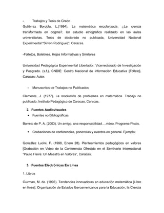- Trabajos y Tesis de Grado
Gutiérrez Borobla, L.(1994). La matemática escolarizada: ¿La ciencia
transformada en dogma?. Un estudio etnográfico realizado en las aulas
universitarias. Tesis de doctorado no publicada, Universidad Nacional
Experimental “Simón Rodríguez”. Caracas.
-Folletos, Boletines, Hojas Informativas y Similares
Universidad Pedagógica Experimental Libertador, Vicerrectorado de Investigación
y Posgrado. (s.f.). CNDIE: Centro Nacional de Información Educativa [Folleto].
Caracas: Autor.
- Manuscritos de Trabajos no Publicados
Clemente, J. (1977). La resolución de problemas en matemática. Trabajo no
publicado, Instituto Pedagógico de Caracas, Caracas.
2. Fuentes Audiovisuales
 Fuentes no Bibliográficas
Barreto de P. A. (2003). Un amigo, una responsabilidad….video. Programa Piscis.
 Grabaciones de conferencias, ponencias y eventos en general. Ejemplo:
González Lucini, F. (1998, Enero 28). Planteamientos pedagógicos en valores
[Grabación en Video de la Conferencia Ofrecida en el Seminario Internacional
“Paulo Freire: Un Maestro en Valores”, Caracas.
3. Fuentes Electrónicas En Línea
1. Libros
Guzman, M. de. (1993). Tendencias innovadoras en educación matemática [Libro
en línea]. Organización de Estados Iberoamericanos para la Educación, la Ciencia
 