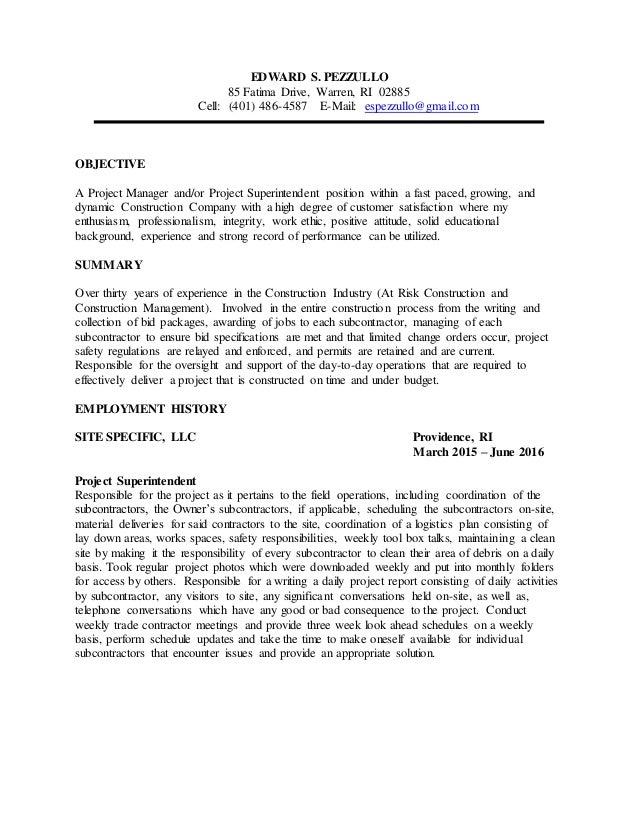 construction and project management specialist resume examples