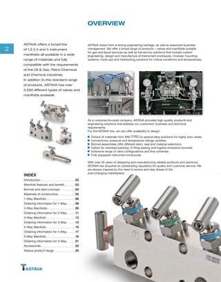 2
ASTAVA draws from a strong engineering heritage, as well as seasoned business
management. We offer a broad range of products – valves and manifolds suitable
for gas and liquid services-as well as full-service solutions that include custom
engineering, design and manufacture of Instrument enclosures, modular mounting
systems, hook-ups and interlocking solutions for critical conditions and temperatures.
As a customer-focused company, ASTAVA provides high-quality products and
engineering solutions that address our customers’ business and technical
requirements.
For the ASTAVA line, we can offer scalability to design:
Choice of materials from AISI 316(L) to special alloy solutions for highly toxic areas
Connections, pressure and temperature ratings varieties
Bonnet assemblies offer different stem, seal and material selections
Option for standard packing, O-Ring sealing and fugitive emissions bonnets
Extensive range of valve configurations and flow schemes
Fully equipped instrument enclosures
With over 50 years of designing and manufacturing reliable products and solutions,
ASTAVA has acquired an outstanding reputation for quality and customer service. We
are always inspired by the need to evolve and stay ahead of the
ever-changing marketplace.
OVERVIEW
ASTAVA offers a broad line
of 1,2,3,4 and 5 instrument
manifolds-all available in a wide
range of materials and fully
compatible with the requirements
of the Oil & Gas, Petro-Chemical
and Chemical industries.
In addition to this standard range
of products, ASTAVA has over
3,500 different types of valves and
manifolds available.
INDEX			
Introduction	 02
Manifold features and benefit		03
Bonnet and stem concept	 04
Materials of construction	 05
1-Way Manifold 	 06
Ordering information for 1-Way	 08
2-Way Manifolds 	 09
Ordering information for 2-Way	 11
3-Way Manifold 	 12
Ordering information for 3-Way	 15
4-Way Manifold 	 16
Ordering information for 4-Way	 17
5-Way Manifold 	 18
Ordering information for 5-Way	 21
Accessories	 22
Astava product range	 25
 