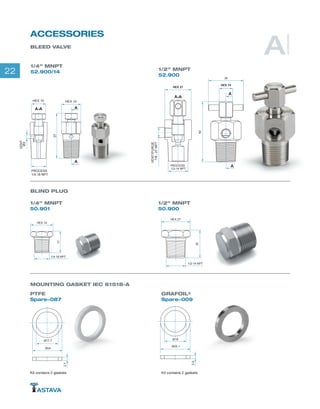 22
Kit contains 2 gaskets Kit contains 2 gaskets
1/4” MNPT
52.900/14
PTFE
Spare-087
1/2” MNPT
52.900
GRAFOIL®
Spare-009
BLEED VALVE
BLIND PLUG
MOUNTING GASKET IEC 61518-A
A
A
62
36
HEX 14
A-A
VENT/PURGE
1/8-27NPT
PROCESS
1/2-14 NPT
HEX 27
1/4” MNPT
50.901
1/2” MNPT
50.900
1/4-18 NPT
17
HEX 14
1/2-14 NPT
30
HEX 27
2.9
Ø18
Ø25.1
2.7
Ø17.7
Ø24
A
A
HEX 10
37
HEX 14
A-A
VENT
Ø3
PROCESS
1/4-18 NPT
A
ACCESSORIES
ACCESSORIES
 