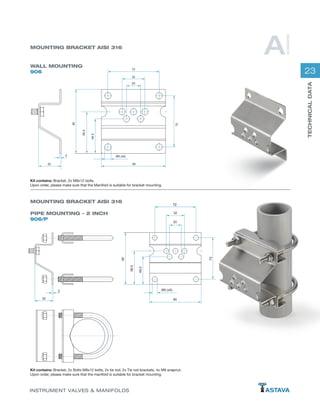 23
TECHNICALDATA
INSTRUMENT VALVES & MANIFOLDS
32
20
90
72
90
48.5
58.5
Ø9 (x9)
7272
2
32
PIPE MOUNTING - 2 INCH
906/P
MOUNTING BRACKET AISI 316
MOUNTING BRACKET AISI 316
48.5
Ø9 (x9)
90
58.5
90
20
72
32
72
32
2
Kit contains: Bracket, 2x M8x12 bolts.
Upon order, please make sure that the Manifold is suitable for bracket mounting.
Kit contains: Bracket, 2x Bolts M8x12 bolts, 2x tie rod, 2x Tie rod brackets, 4x M8 snapnut.
Upon order, please make sure that the manifold is suitable for bracket mounting.
WALL MOUNTING
906
A
ACCESSORIES
 