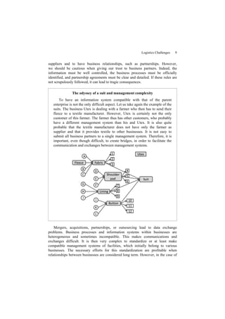 Logistics Challenges 9
suppliers and to have business relationships, such as partnerships. However,
we should be cautious when giving our trust to business partners. Indeed, the
information must be well controlled, the business processes must be officially
identified, and partnership agreements must be clear and detailed. If these rules are
not scrupulously followed, it can lead to tragic consequences.
The odyssey of a suit and management complexity
To have an information system compatible with that of the parent
enterprise is not the only difficult aspect. Let us take again the example of the
suits. The business Utex is dealing with a farmer who then has to send their
fleece to a textile manufacturer. However, Utex is certainly not the only
customer of this farmer. The farmer thus has other customers, who probably
have a different management system than his and Utex. It is also quite
probable that the textile manufacturer does not have only the farmer as
supplier and that it provides textile to other businesses. It is not easy to
submit all business partners to a single management system. Therefore, it is
important, even though difficult, to create bridges, in order to facilitate the
communication and exchanges between management systems.
Mergers, acquisitions, partnerships, or outsourcing lead to data exchange
problems. Business processes and information systems within businesses are
heterogeneous and sometimes incompatible. This makes communications and
exchanges difficult. It is then very complex to standardize or at least make
compatible management systems of facilities, which initially belong to various
businesses. The necessary efforts for this standardization are profitable when
relationships between businesses are considered long term. However, in the case of
 