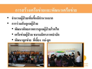 การสร้างเครือข่ายและพัฒนาเครือข่าย2 
• จำนวนผู้ป่วยเพิ่มขึ้นมีจำนวนมาก 2 
• การร่วมกันดูแลผู้ป่วย 2 
• พัฒนาศักยภาพการดูแลผู้ป่วยโรคไต2 
• เครือข่ายผู้ป่วย ชมรมมิตรภาพบำบัด2 
• พัฒนาลูกข่าย พี่เลี้ยง แม่-ลูก 2 
 