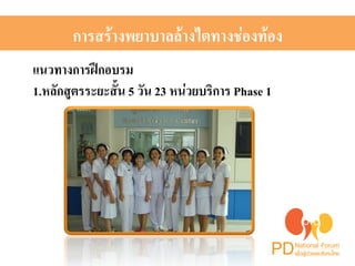 การสร้างพยาบาลล้างไตทางช่องท้อง ! 
แนวทางการฝึกอบรม2 
1. หลักสูตรระยะสั้น 5 วัน 23 หน่วยบริการ Phase 12 
 