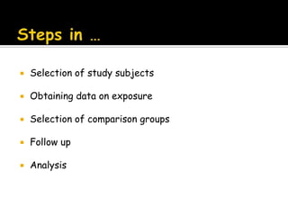                                 advantages of …Relatively easy to carry outRapid and inexpensive (compared with cohort studies)Require comparatively few subjectssuitable to investigate rare diseases or diseasesabout which little is known. No risk to subjectsAllows the study of several different aetiological factors (e.g.,smoking, physical activity and personality characteristics inmyocardial infarction)No attrition problems, because case control studies do notrequire follow-up of individuals into the futureEthical problems minimal