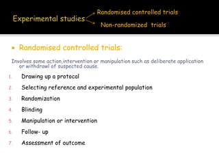 Relative risk X Attributable risk Relative riskEtiological enquiriesLarger the RR, stronger the association between risk factor and outcomeDoes not reflect the potential public health importanceAttributable riskGives a better idea of the impact of a successful intervention might have in reducing the problem