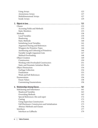 Using Arrays 125
Anonymous Arrays 127
Multidimensional Arrays 127
Inside Arrays 129
5. Objects in Java. . . . . . . . . . . . . . . . . . . . . . . . . . . . . . . . . . . . . . . . . . . . . . . . . . . . . . . . . . . . 131
Classes 132
Accessing Fields and Methods 133
Static Members 135
Methods 138
Local Variables 139
Shadowing 139
Static Methods 140
Initializing Local Variables 141
Argument Passing and References 142
Wrappers for Primitive Types 144
Autoboxing and Unboxing of Primitives 146
Variable-Length Argument Lists 147
Method Overloading 148
Object Creation 149
Constructors 150
Working with Overloaded Constructors 151
Static and Nonstatic Initializer Blocks 153
Object Destruction 154
Garbage Collection 154
Finalization 155
Weak and Soft References 155
Enumerations 156
Enum Values 158
Customizing Enumerations 158
6. Relationships Among Classes. . . . . . . . . . . . . . . . . . . . . . . . . . . . . . . . . . . . . . . . . . . . . . . . 161
Subclassing and Inheritance 161
Shadowed Variables 163
Overriding Methods 165
Special References: this and super 172
Casting 172
Using Superclass Constructors 174
Full Disclosure: Constructors and Initialization 175
Abstract Methods and Classes 176
Interfaces 177
Interfaces as Callbacks 179
vi | Table of Contents
 