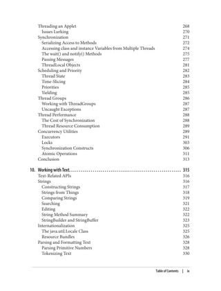 Threading an Applet 268
Issues Lurking 270
Synchronization 271
Serializing Access to Methods 272
Accessing class and instance Variables from Multiple Threads 274
The wait() and notify() Methods 275
Passing Messages 277
ThreadLocal Objects 281
Scheduling and Priority 282
Thread State 283
Time-Slicing 284
Priorities 285
Yielding 285
Thread Groups 286
Working with ThreadGroups 287
Uncaught Exceptions 287
Thread Performance 288
The Cost of Synchronization 288
Thread Resource Consumption 289
Concurrency Utilities 289
Executors 291
Locks 303
Synchronization Constructs 306
Atomic Operations 311
Conclusion 313
10. Working with Text. . . . . . . . . . . . . . . . . . . . . . . . . . . . . . . . . . . . . . . . . . . . . . . . . . . . . . . . . 315
Text-Related APIs 316
Strings 316
Constructing Strings 317
Strings from Things 318
Comparing Strings 319
Searching 321
Editing 322
String Method Summary 322
StringBuilder and StringBuffer 323
Internationalization 325
The java.util.Locale Class 325
Resource Bundles 326
Parsing and Formatting Text 328
Parsing Primitive Numbers 328
Tokenizing Text 330
Table of Contents | ix
 