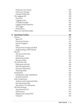 Preferences for Classes 397
Preferences Storage 398
Change Notification 398
The Logging API 399
Overview 399
Logging Levels 401
A Simple Example 402
Logging Setup Properties 403
The Logger 405
Performance 406
Observers and Observables 406
12. Input/Output Facilities. . . . . . . . . . . . . . . . . . . . . . . . . . . . . . . . . . . . . . . . . . . . . . . . . . . . . 409
Streams 409
Basic I/O 412
Character Streams 415
Stream Wrappers 416
Pipes 420
Streams from Strings and Back 422
Implementing a Filter Stream 423
File I/O 425
The java.io.File Class 425
File Streams 430
RandomAccessFile 433
Resource Paths 434
The NIO File API 436
FileSystem and Path 436
NIO File Operations 438
Directory Operations 441
Watching Paths 443
Serialization 444
Initialization with readObject() 446
SerialVersionUID 447
Data Compression 448
Archives and Compressed Data 448
Decompressing Data 450
Zip Archive As a Filesystem 452
The NIO Package 453
Asynchronous I/O 453
Performance 454
Mapped and Locked Files 454
Channels 454
Table of Contents | xi
 