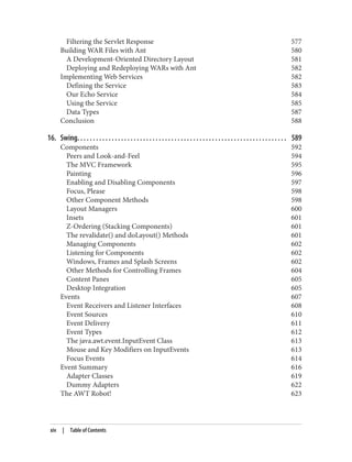 Filtering the Servlet Response 577
Building WAR Files with Ant 580
A Development-Oriented Directory Layout 581
Deploying and Redeploying WARs with Ant 582
Implementing Web Services 582
Defining the Service 583
Our Echo Service 584
Using the Service 585
Data Types 587
Conclusion 588
16. Swing. . . . . . . . . . . . . . . . . . . . . . . . . . . . . . . . . . . . . . . . . . . . . . . . . . . . . . . . . . . . . . . . . . . 589
Components 592
Peers and Look-and-Feel 594
The MVC Framework 595
Painting 596
Enabling and Disabling Components 597
Focus, Please 598
Other Component Methods 598
Layout Managers 600
Insets 601
Z-Ordering (Stacking Components) 601
The revalidate() and doLayout() Methods 601
Managing Components 602
Listening for Components 602
Windows, Frames and Splash Screens 602
Other Methods for Controlling Frames 604
Content Panes 605
Desktop Integration 605
Events 607
Event Receivers and Listener Interfaces 608
Event Sources 610
Event Delivery 611
Event Types 612
The java.awt.event.InputEvent Class 613
Mouse and Key Modifiers on InputEvents 613
Focus Events 614
Event Summary 616
Adapter Classes 619
Dummy Adapters 622
The AWT Robot! 623
xiv | Table of Contents
 