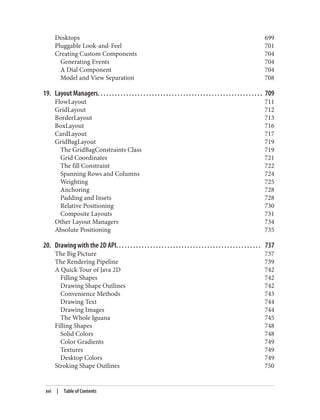 Desktops 699
Pluggable Look-and-Feel 701
Creating Custom Components 704
Generating Events 704
A Dial Component 704
Model and View Separation 708
19. Layout Managers. . . . . . . . . . . . . . . . . . . . . . . . . . . . . . . . . . . . . . . . . . . . . . . . . . . . . . . . . . 709
FlowLayout 711
GridLayout 712
BorderLayout 713
BoxLayout 716
CardLayout 717
GridBagLayout 719
The GridBagConstraints Class 719
Grid Coordinates 721
The fill Constraint 722
Spanning Rows and Columns 724
Weighting 725
Anchoring 728
Padding and Insets 728
Relative Positioning 730
Composite Layouts 731
Other Layout Managers 734
Absolute Positioning 735
20. Drawing with the 2D API. . . . . . . . . . . . . . . . . . . . . . . . . . . . . . . . . . . . . . . . . . . . . . . . . . . 737
The Big Picture 737
The Rendering Pipeline 739
A Quick Tour of Java 2D 742
Filling Shapes 742
Drawing Shape Outlines 742
Convenience Methods 743
Drawing Text 744
Drawing Images 744
The Whole Iguana 745
Filling Shapes 748
Solid Colors 748
Color Gradients 749
Textures 749
Desktop Colors 749
Stroking Shape Outlines 750
xvi | Table of Contents
 