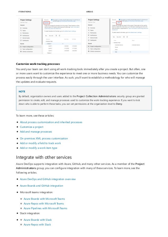 ITERATIONS AREAS
Customize work-tracking processes
NOTE
Integrate with other services
You and your team can start using all work-tracking tools immediately after you create a project. But often, one
or more users want to customize the experience to meet one or more business needs. You can customize the
process easily through the user interface. As such, you'll want to establish a methodology for who will manage
the updates and evaluate requests.
By default, organization owners and users added to the Project Collection Administrators security group are granted
permission to create, edit, and manage processes used to customize the work-tracking experience. If you want to lock
down who is able to perform these tasks, you can set permissions at the organization-level to Deny.
To learn more, see these articles:
About process customization and inherited processes
Customize a project
Add and manage processes
On-premises XML process customization
Add or modify a field to track work
Add or modify a work item type
Azure DevOps supports integration with Azure, GitHub, and many other services. As a member of the Project
Administrators group, you can configure integration with many of these services. To learn more, see the
following articles.
Azure DevOps and GitHub integration overview
Azure Boards and GitHub integration
Microsoft teams integration:
Azure Boards with Microsoft Teams
Azure Repos with Microsoft Teams
Azure Pipelines with Microsoft Teams
Slack integration:
Azure Boards with Slack
Azure Repos with Slack
 