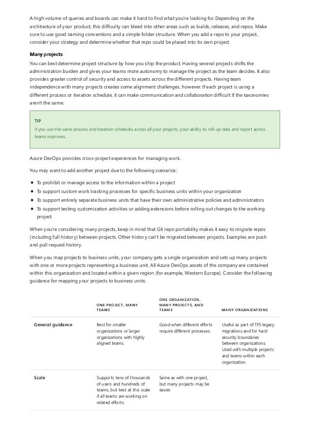 Many projects
TIP
ONE PROJECT, MANY
TEAMS
ONE ORGANIZATION,
MANY PROJECTS, AND
TEAMS MANY ORGANIZATIONS
General guidance Best for smaller
organizations or larger
organizations with highly
aligned teams.
Good when different efforts
require different processes.
Useful as part of TFS legacy
migrations and for hard
security boundaries
between organizations.
Used with multiple projects
and teams within each
organization.
Scale Supports tens of thousands
of users and hundreds of
teams, but best at this scale
if all teams are working on
related efforts.
Same as with one project,
but many projects may be
easier.
A high volume of queries and boards can make it hard to find what you're looking for. Depending on the
architecture of your product, this difficulty can bleed into other areas such as builds, releases, and repos. Make
sure to use good naming conventions and a simple folder structure. When you add a repo to your project,
consider your strategy and determine whether that repo could be placed into its own project.
You can best determine project structure by how you ship the product. Having several projects shifts the
administration burden and gives your teams more autonomy to manage the project as the team decides. It also
provides greater control of security and access to assets across the different projects. Having team
independence with many projects creates some alignment challenges, however. If each project is using a
different process or iteration schedule, it can make communication and collaboration difficult if the taxonomies
aren't the same.
If you use the same process and iteration schedules across all your projects, your ability to roll-up data and report across
teams improves.
Azure DevOps provides cross-project experiences for managing work.
You may want to add another project due to the following scenarios:
To prohibit or manage access to the information within a project
To support custom work tracking processes for specific business units within your organization
To support entirely separate business units that have their own administrative policies and administrators
To support testing customization activities or adding extensions before rolling out changes to the working
project
When you're considering many projects, keep in mind that Git repo portability makes it easy to migrate repos
(including full history) between projects. Other history can't be migrated between projects. Examples are push
and pull request history.
When you map projects to business units, your company gets a single organization and sets up many projects
with one or more projects representing a business unit. All Azure DevOps assets of the company are contained
within this organization and located within a given region (for example, Western Europe). Consider the following
guidance for mapping your projects to business units:
 