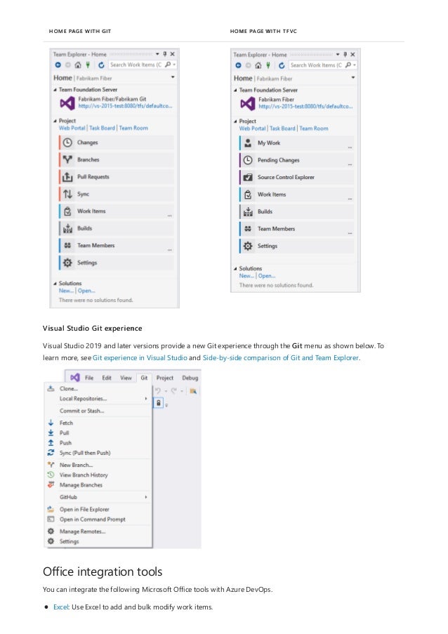 HOME PAGE WITH GIT HOME PAGE WITH TFVC
Office integration tools
Visual Studio Git experience
Visual Studio 2019 and later versions provide a new Git experience through the Git menu as shown below. To
learn more, see Git experience in Visual Studio and Side-by-side comparison of Git and Team Explorer.
You can integrate the following Microsoft Office tools with Azure DevOps.
Excel: Use Excel to add and bulk modify work items.
 