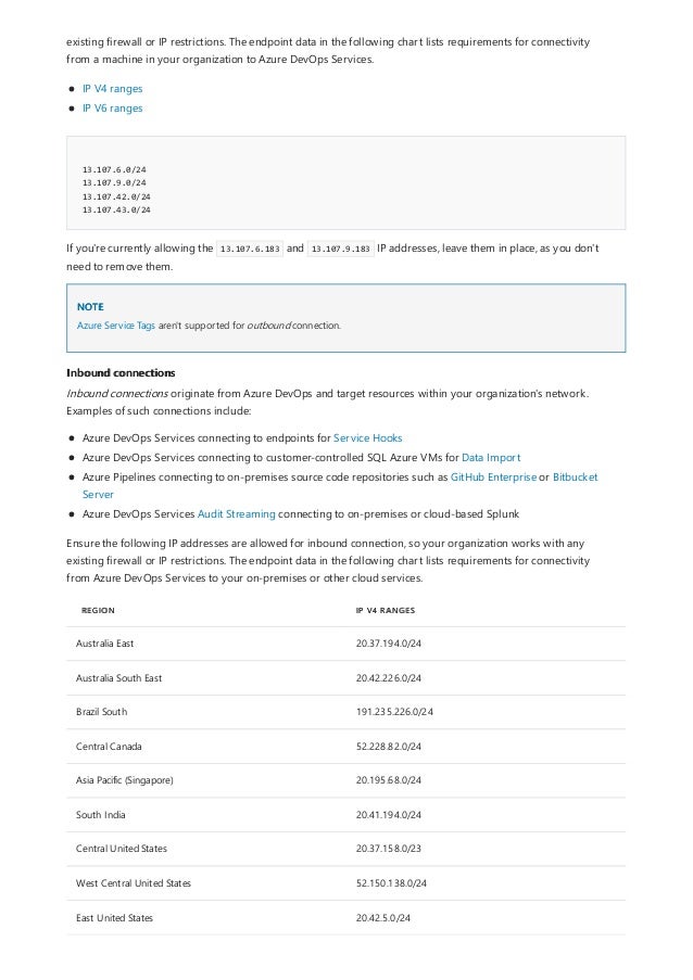 13.107.6.0/24
13.107.9.0/24
13.107.42.0/24
13.107.43.0/24
NOTE
Inbound connections
REGION IP V4 RANGES
Australia East 20.37.194.0/24
Australia South East 20.42.226.0/24
Brazil South 191.235.226.0/24
Central Canada 52.228.82.0/24
Asia Pacific (Singapore) 20.195.68.0/24
South India 20.41.194.0/24
Central United States 20.37.158.0/23
West Central United States 52.150.138.0/24
East United States 20.42.5.0/24
existing firewall or IP restrictions. The endpoint data in the following chart lists requirements for connectivity
from a machine in your organization to Azure DevOps Services.
IP V4 ranges
IP V6 ranges
If you're currently allowing the 13.107.6.183 and 13.107.9.183 IP addresses, leave them in place, as you don't
need to remove them.
Azure Service Tags aren't supported for outbound connection.
Inbound connections originate from Azure DevOps and target resources within your organization's network.
Examples of such connections include:
Azure DevOps Services connecting to endpoints for Service Hooks
Azure DevOps Services connecting to customer-controlled SQL Azure VMs for Data Import
Azure Pipelines connecting to on-premises source code repositories such as GitHub Enterprise or Bitbucket
Server
Azure DevOps Services Audit Streaming connecting to on-premises or cloud-based Splunk
Ensure the following IP addresses are allowed for inbound connection, so your organization works with any
existing firewall or IP restrictions. The endpoint data in the following chart lists requirements for connectivity
from Azure DevOps Services to your on-premises or other cloud services.
 