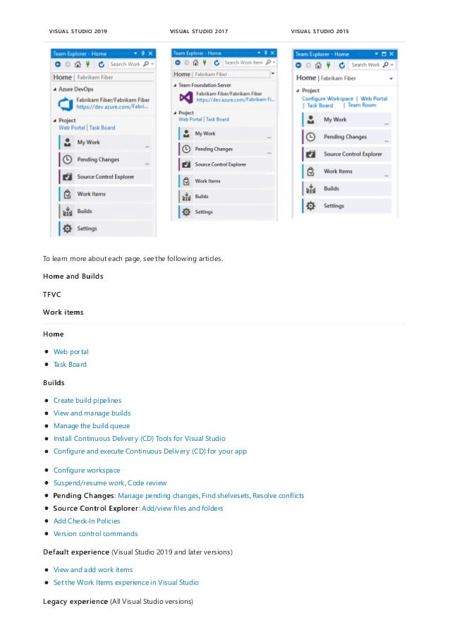 VISUAL STUDIO 2019 VISUAL STUDIO 2017 VISUAL STUDIO 2015
To learn more about each page, see the following articles.
Home and Builds
TFVC
Work items
Home
Web portal
Task Board
Builds
Create build pipelines
View and manage builds
Manage the build queue
Install Continuous Delivery (CD) Tools for Visual Studio
Configure and execute Continuous Delivery (CD) for your app
Configure workspace
Suspend/resume work, Code review
Pending Changes: Manage pending changes, Find shelvesets, Resolve conflicts
Source Control Explorer: Add/view files and folders
Add Check-In Policies
Version control commands
Default experience (Visual Studio 2019 and later versions)
View and add work items
Set the Work Items experience in Visual Studio
Legacy experience (All Visual Studio versions)
 