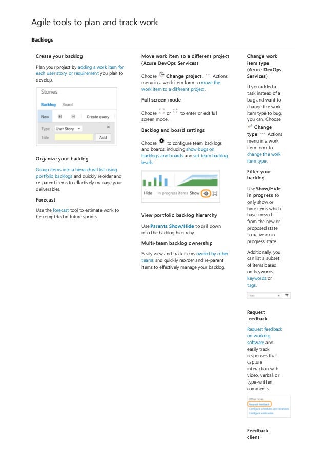Agile tools to plan and track work
Backlogs
Create your backlog
Plan your project by adding a work item for
each user story or requirement you plan to
develop.
Organize your backlog
Group items into a hierarchical list using
portfolio backlogs and quickly reorder and
re-parent items to effectively manage your
deliverables.
Forecast
Use the forecast tool to estimate work to
be completed in future sprints.
Move work item to a different project
(Azure DevOps Services)
Choose Change project, Actions
menu in a work item form to move the
work item to a different project.
Full screen mode
Choose or to enter or exit full
screen mode.
Backlog and board settings
Choose to configure team backlogs
and boards, including show bugs on
backlogs and boards and set team backlog
levels.
View portfolio backlog hierarchy
Use Parents Show/Hide to drill down
into the backlog hierarchy.
Multi-team backlog ownership
Easily view and track items owned by other
teams and quickly reorder and re-parent
items to effectively manage your backlog.
Change work
item type
(Azure DevOps
Services)
If you added a
task instead of a
bug and want to
change the work
item type to bug,
you can. Choose
Change
type Actions
menu in a work
item form to
change the work
item type.
Filter your
backlog
Use Show/Hide
in progress to
only show or
hide items which
have moved
from the new or
proposed state
to active or in
progress state.
Additionally, you
can list a subset
of items based
on keywords
keywords or
tags.
Request
feedback
Request feedback
on working
software and
easily track
responses that
capture
interaction with
video, verbal, or
type-written
comments.
Feedback
client
 