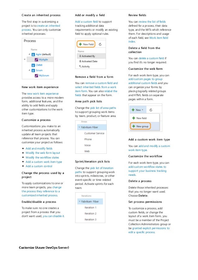 Customize (Azure DevOps Server)
Create an inherited process
The first step in customizing a
project is to create an inherited
process. You can only customize
inherited processes.
New work item experience
The new work item experience
provides access to a more modern
form, additional features, and the
ability to add fields and apply
other customizations to the work
item type.
Customize a process
Customizations you make to an
inherited process automatically
update all team projects that
reference that process. You can
customize your project as follows:
Add and modify fields
Modify the web form layout
Modify the workflow states
Add a custom work item type
Add a custom control
Change the process used by a
project
To apply customizations to one or
more team projects, you change
the process they reference to a
customized inherited process.
Enable/disable a process
To make sure no one creates a
project from a process that you
don't want used, you can disable it.
Add or modify a field
Add a custom field to support
tracking additional data
requirements or modify an existing
field to apply optional rules.
Remove a field from a form
You can remove a custom field and
select inherited fields from a work
item form. You can also relabel the
fields that appear on the form.
Area path pick lists
Change the pick list of area paths
to support grouping work items
by team, product, or feature area.
Sprint/iteration pick lists
Change the pick list of iteration
paths to support grouping work
into sprints, milestones, or other
event-specific or time-related
period. Activate sprints for each
team.
Review fields
You can review the list of fields
defined for a process, their data
type, and the WITs which reference
them. For descriptions and usage
of each field, see Work item field
index.
Delete a field from the
collection
You can delete a custom field if
you find it's no longer required.
Customize the web form
For each work item type, you can
add custom pages to group
additional custom fields and you
can organize your forms by
placing logically related groups
and HTML fields on separate
pages within a form.
Add a custom work item type
You can add and modify a custom
work item type.
Customize the workflow
For each work item type, you can
add custom workflow states to
support your business tracking
needs.
Delete a process
Delete those inherited processes
that you no longer want used.
Choose Delete.
Set process permissions
To customize a process, add
custom fields, or change the
layout of a work item form, you
must be a member of the Project
Collection Administrators group or
be granted explicit permissions to
edit a specific process.
 