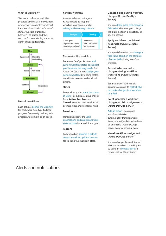Alerts and notifications
What is workflow?
You use workflow to track the
progress of work as it moves from
new, active, to complete or closed.
Each workflow consists of a set of
states, the valid transitions
between the states, and the
reasons for transitioning the work
item to the selected state.
Default workflows
Each process defines the workflow
for each work item type to track
progress from newly defined, to in
progress, to completed or closed.
Kanban workflow
You can fully customize your
Kanban board to map the
workflow your team uses by
adding and renaming columns
Customize the workflow
For Azure DevOps Services: add
custom workflow states to support
your business tracking needs. For
Azure DevOps Server: Design your
custom workflow by adding states,
transitions, reasons, and optional
actions.
States
States allow you to track the status
of work. For example, a bug moves
from Active, Resolved, and
Closed to correspond to when it's
defined, fixed, and verified as fixed.
Transitions
Transitions specify the valid
progressions and regressions from
state to state for a work item type.
Reasons
Each transition specifies a default
reason as well as optional reasons
for tracking the change in state.
Update fields during workflow
changes (Azure DevOps
Server)
You can define rules that change a
field value whenever you change
the state, perform a transition, or
select a reason.
Apply workflow conditional
field rules (Azure DevOps
Server)
You can define rules that change a
field value based on the contents
of other fields during workflow
changes.
Restrict who can make
changes during workflow
transitions (Azure DevOps
Server)
Set a condition field rule that
applies to a group to restrict who
can make changes to a workflow
or a field.
Event-generated workflow
changes or field assignments
(Azure DevOps Server)
Add an action to a custom
workflow definition to
automatically transition work
items or specify a field value based
on an internal Azure DevOps
Server event or external event.
Visual workflow design tool
(Azure DevOps Server)
You can change the workflow or
view the workflow state diagram
by using the Process Editor, a
power tool for Visual Studio.
 