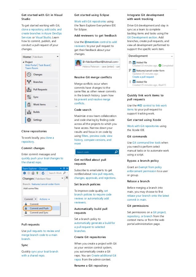 Get started with Git in Visual
Studio
To get started working with Git,
clone a repository, add code, and
create branches in Azure DevOps
Services or Visual Studio. Learn
how to commit, publish, and
conduct a pull request of your
changes.
Clone repositories
To work locally, you clone a
repository.
Commit changes
Enter commit messages and
quickly push your local changes to
the shared repo.
Pull requests
Use pull requests to review and
merge branch code to a main
branch.
Sync
Quickly sync your local branch
with a shared repo.
Get started using Eclipse
Work with Git repositories using
the Team Explorer Everywhere IDE
for Eclipse.
Add reviewers to get feedback
Use the @mention control to add
reviewers to your pull request to
get their feedback about your
changes.
Resolve Git merge conflicts
Merge conflicts occur when
commits have changes to the
same files as other newer commits
in the branch history. Learn how
to prevent and resolve merge
conflicts.
Code search
Maximize cross-team collaboration
and code sharing by finding code
across all the projects to which you
have access. Narrow down your
results and focus in on code by
using filters, preview code, view
history, compare versions, and
more
Get notified about pull
requests
Subscribe to email alerts to get
notified about new pull requests,
changes, approvals, and rejections.
Set branch policies
To improve code quality, set
branch policies to require code
reviews or automatically add
reviewers.
Automatically build pull
requests
Set a branch policy to
automatically generate a build for
a pull request to selected
branches.
Create Git repositories
When you create a project with Git
as your version control system,
you automatically create a Git
repo. You can Create additional Git
repos from the admin context.
Rename a Git repository
Integrate Git development
with work tracking
Drive Git development and stay in
sync as a team to complete
backlog items and tasks using the
Git Development section. Add
branches, create pull requests, and
view all development performed to
support the specific work item.
Quickly link work items to
pull requests
Use the #ID control to link work
items to your pull request to
support tracking work.
Get started using Xcode
Work with Git repositories using
the Xcode IDE.
Git commands
Use Git command line tools when
you need to perform select
manual tasks or to automate work
using a script.
Bypass a branch policy
Grant an Exempt from policy
enforcement permission to a user
or group.
Rebase a branch
Before merging a branch into
main, you may choose to first
rebase your branch onto the latest
commit in main.
Git permissions
Set permissions on a Git project,
repository, or branch from the
context menu or from the web
portal administration page.
 