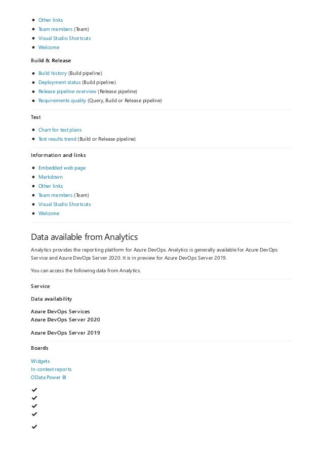 Data available from Analytics
Other links
Team members (Team)
Visual Studio Shortcuts
Welcome
Build & Release
Build history (Build pipeline)
Deployment status (Build pipeline)
Release pipeline overview (Release pipeline)
Requirements quality (Query, Build or Release pipeline)
Test
Chart for test plans
Test results trend (Build or Release pipeline)
Information and links
Embedded web page
Markdown
Other links
Team members (Team)
Visual Studio Shortcuts
Welcome
Analytics provides the reporting platform for Azure DevOps. Analytics is generally available for Azure DevOps
Service and Azure DevOps Server 2020. It is in preview for Azure DevOps Server 2019.
You can access the following data from Analytics.
Service
Data availability
Azure DevOps Services
Azure DevOps Server 2020
Azure DevOps Server 2019
Boards
Widgets
In-context reports
OData Power BI
✔
️
✔
️
✔
️
✔
️
✔
️
 