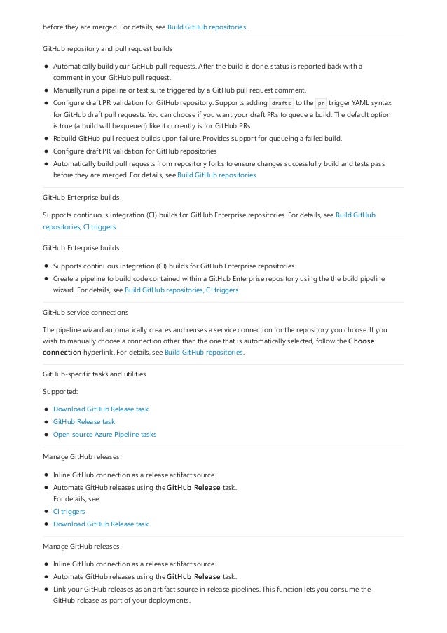 before they are merged. For details, see Build GitHub repositories.
GitHub repository and pull request builds
Automatically build your GitHub pull requests. After the build is done, status is reported back with a
comment in your GitHub pull request.
Manually run a pipeline or test suite triggered by a GitHub pull request comment.
Configure draft PR validation for GitHub repository. Supports adding drafts to the pr trigger YAML syntax
for GitHub draft pull requests. You can choose if you want your draft PRs to queue a build. The default option
is true (a build will be queued) like it currently is for GitHub PRs.
Rebuild GitHub pull request builds upon failure. Provides support for queueing a failed build.
Configure draft PR validation for GitHub repositories
Automatically build pull requests from repository forks to ensure changes successfully build and tests pass
before they are merged. For details, see Build GitHub repositories.
GitHub Enterprise builds
Supports continuous integration (CI) builds for GitHub Enterprise repositories. For details, see Build GitHub
repositories, CI triggers.
GitHub Enterprise builds
Supports continuous integration (CI) builds for GitHub Enterprise repositories.
Create a pipeline to build code contained within a GitHub Enterprise repository using the the build pipeline
wizard. For details, see Build GitHub repositories, CI triggers.
GitHub service connections
The pipeline wizard automatically creates and reuses a service connection for the repository you choose. If you
wish to manually choose a connection other than the one that is automatically selected, follow the Choose
connection hyperlink. For details, see Build GitHub repositories.
GitHub-specific tasks and utilities
Supported:
Download GitHub Release task
GitHub Release task
Open source Azure Pipeline tasks
Manage GitHub releases
Inline GitHub connection as a release artifact source.
Automate GitHub releases using the GitHub Release task.
For details, see:
CI triggers
Download GitHub Release task
Manage GitHub releases
Inline GitHub connection as a release artifact source.
Automate GitHub releases using the GitHub Release task.
Link your GitHub releases as an artifact source in release pipelines. This function lets you consume the
GitHub release as part of your deployments.
 